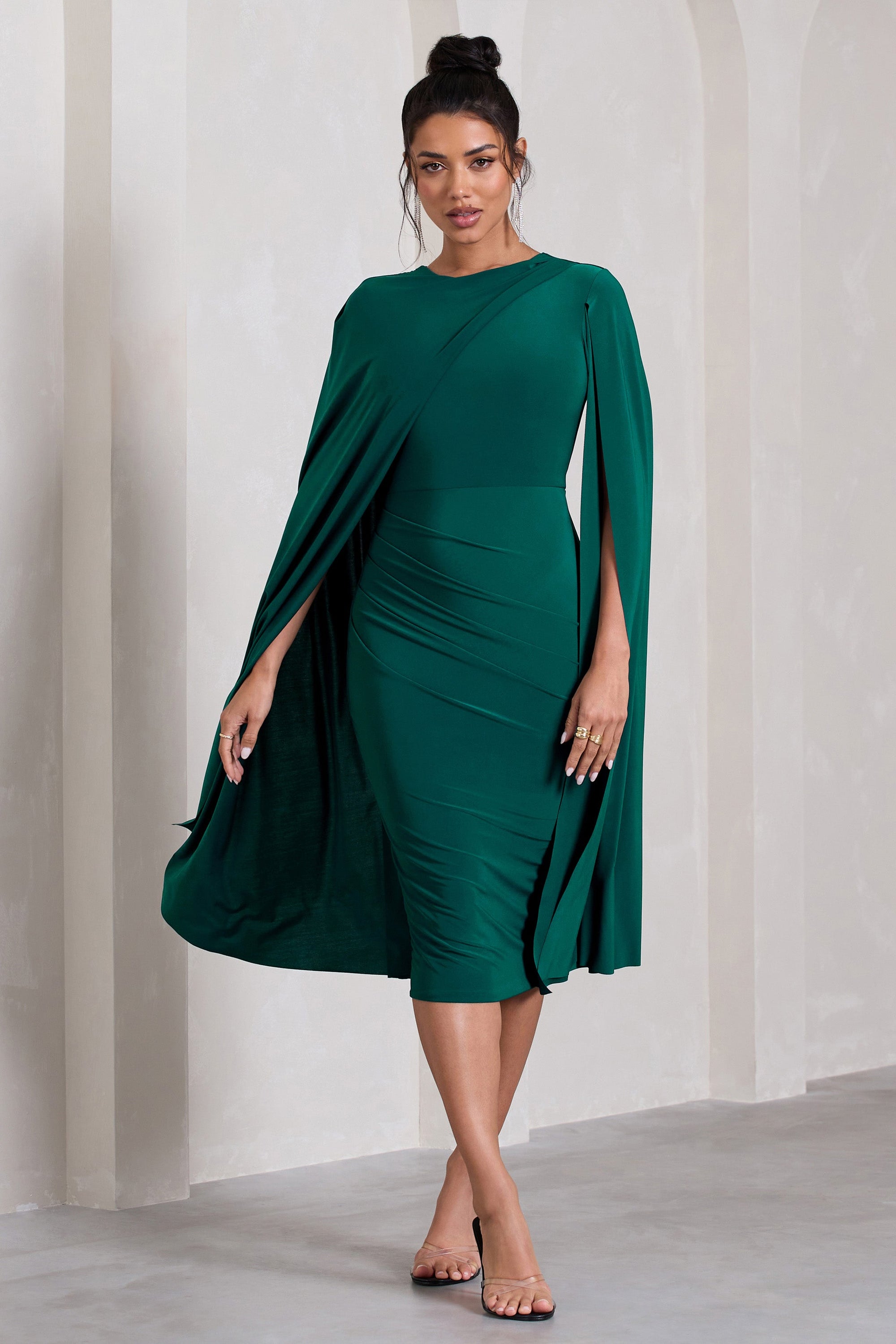 Marysol | Bottle Green Asymmetric Cape Midi Dress - Club L London - USA