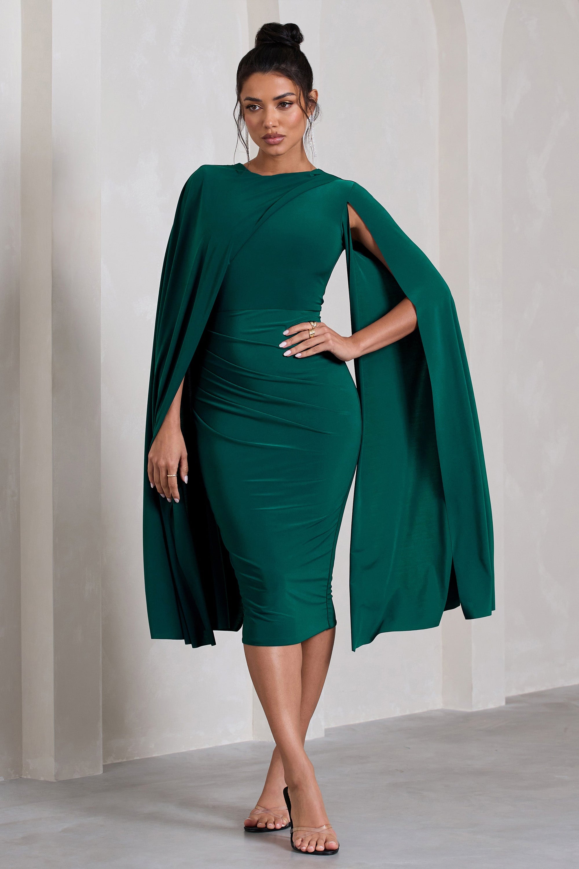 Marysol | Bottle Green Asymmetric Cape Midi Dress - Club L London - USA