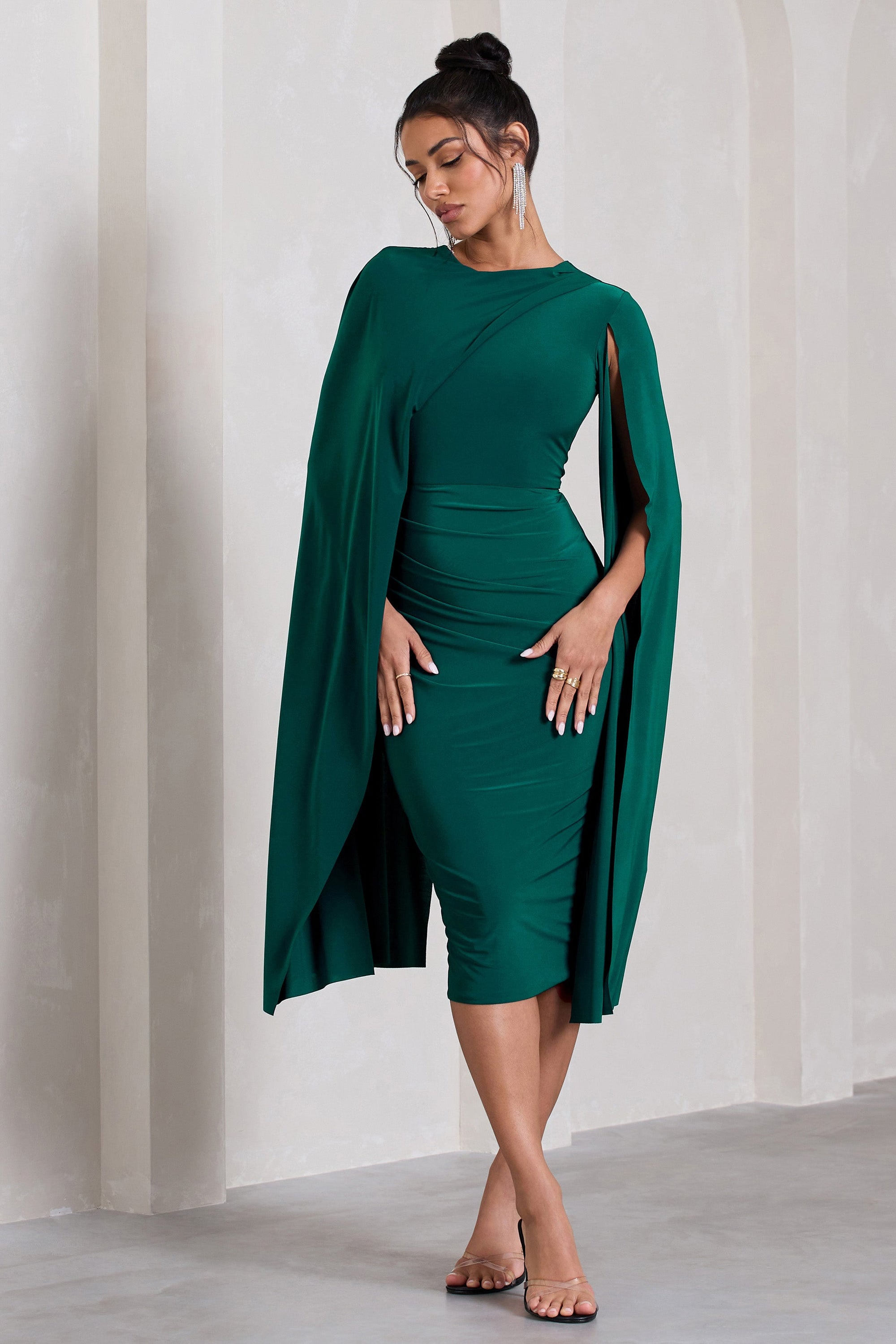 Marysol | Bottle Green Asymmetric Cape Midi Dress - Club L London - USA