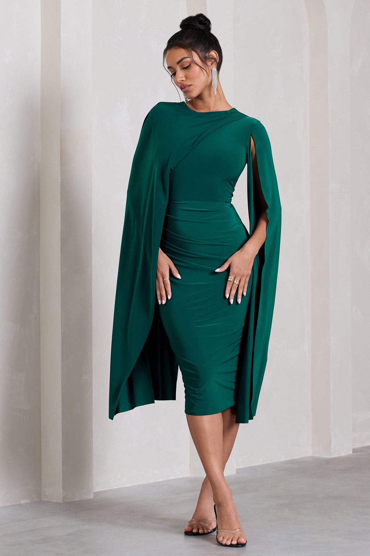 Marysol | Bottle Green Asymmetric Cape Midi Dress US 8 / Bottle Green Marysol | Bottle Green Asymmetric Cape Midi Dress US 8 / Bottle Green