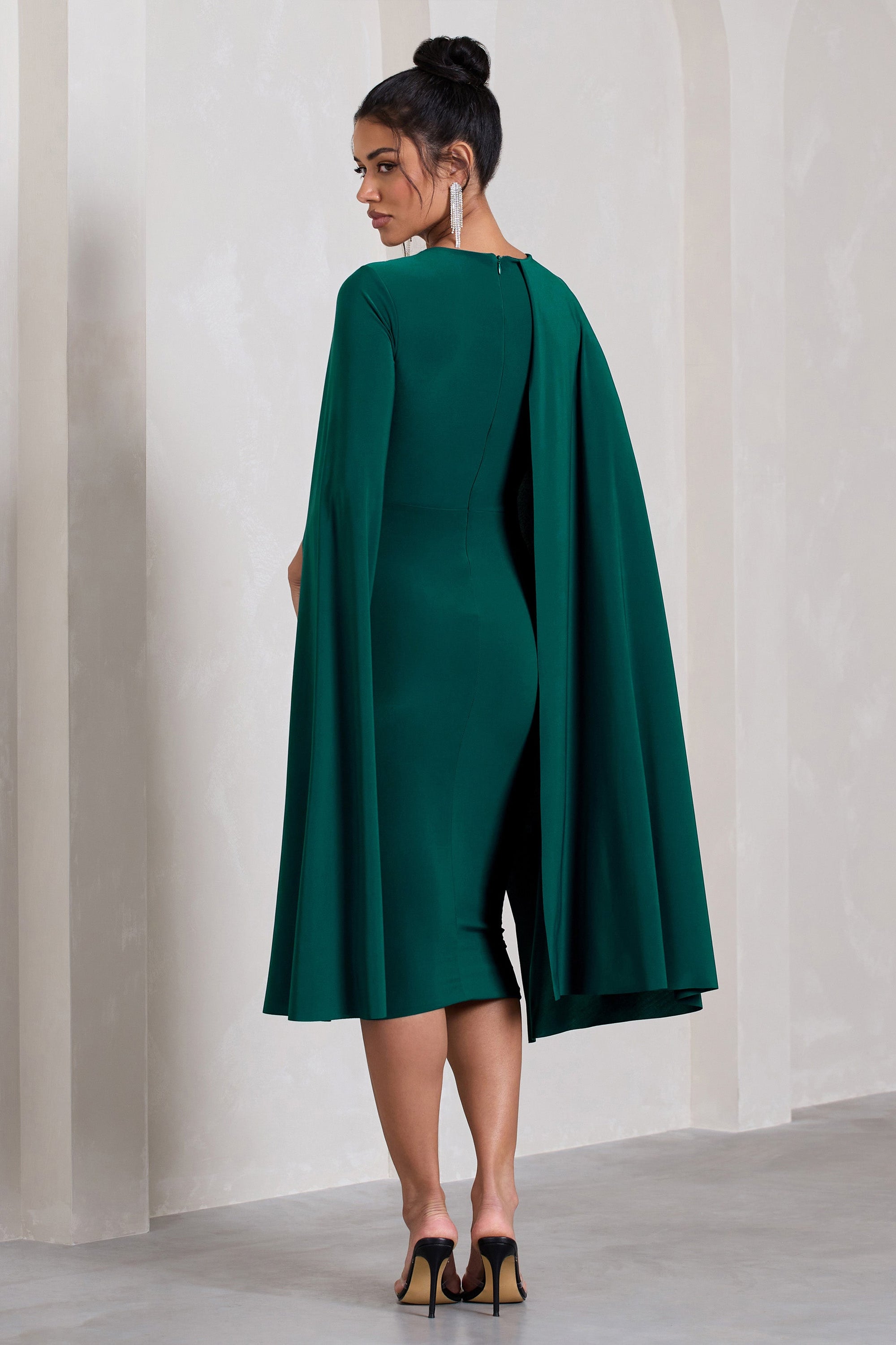 Marysol | Bottle Green Asymmetric Cape Midi Dress - Club L London - USA