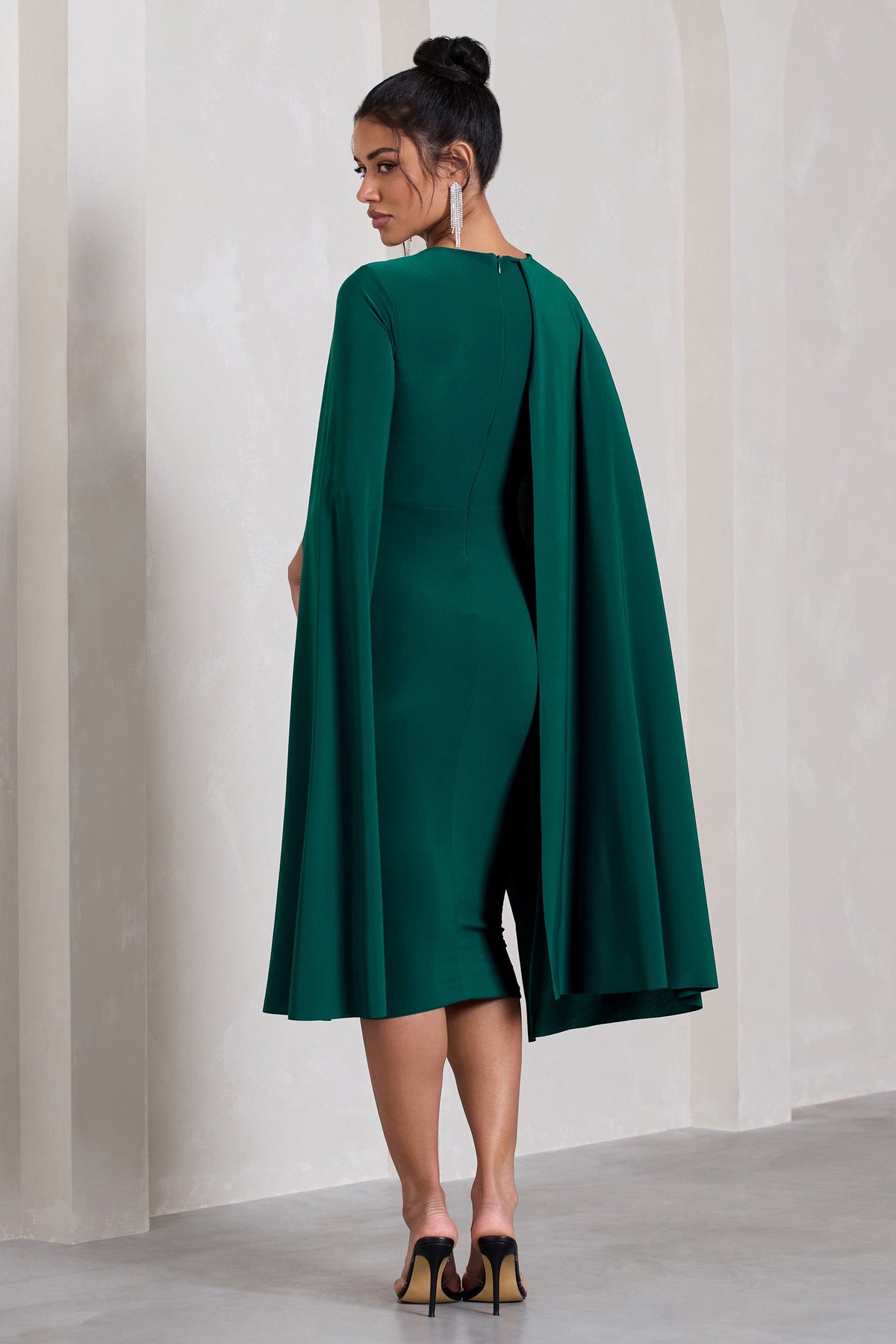 Marysol | Bottle Green Asymmetric Cape Midi Dress