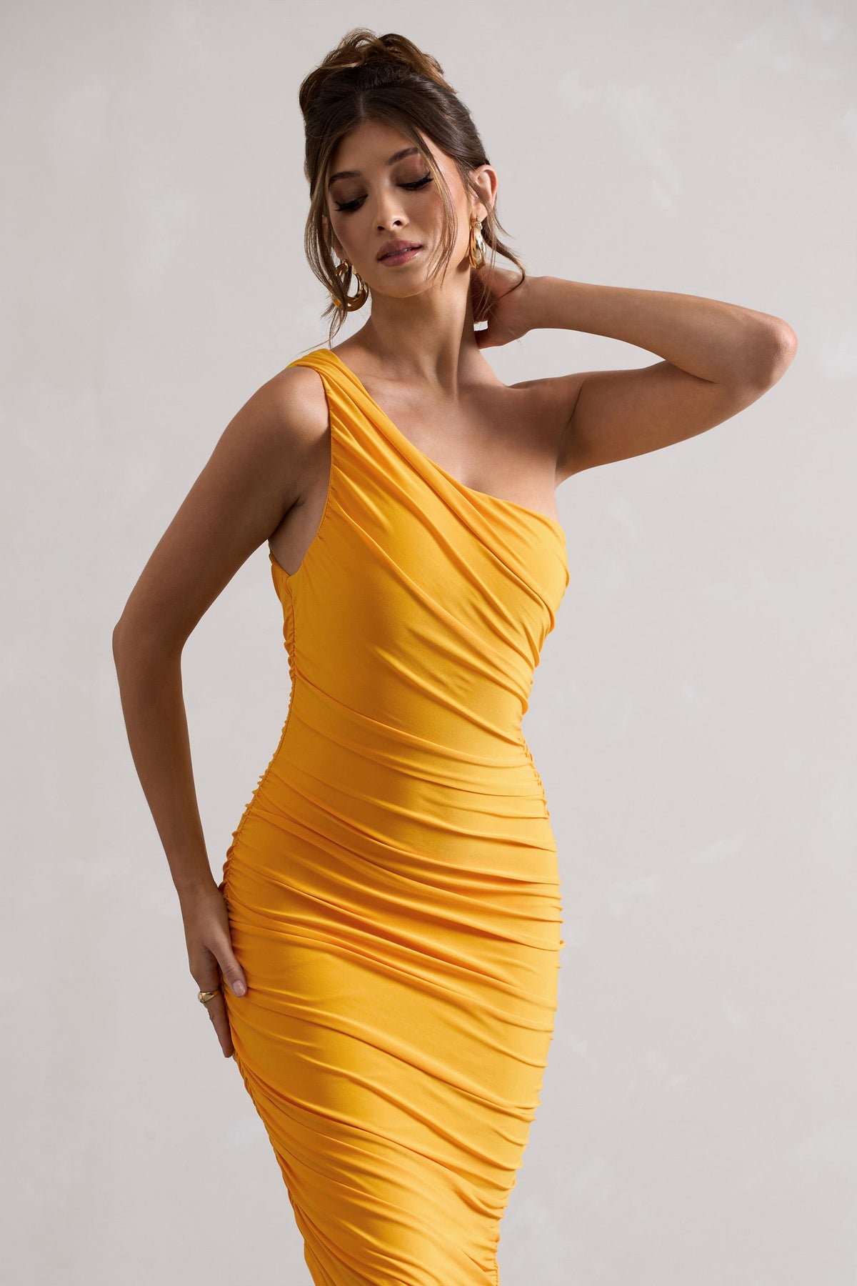 Dorit | Mango One Shoulder Asymmetric Ruched Midi Dress