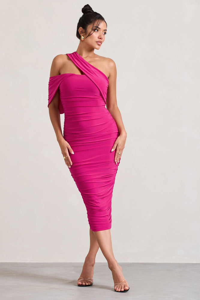 Cici | Hot Pink Asymmetric One Shoulder Ruched Midi Dress