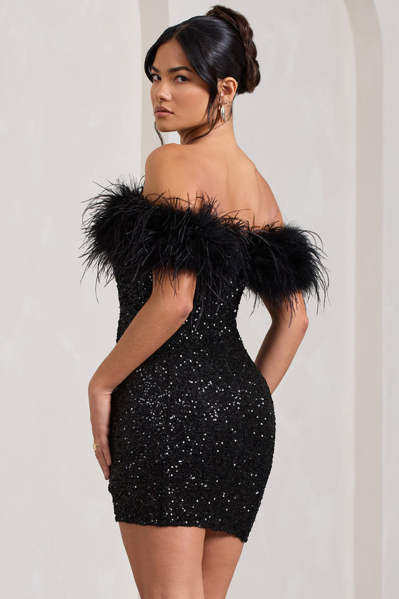New Money Black Bodycon Sequin Mini Dress With Feather Trim – Club L ...