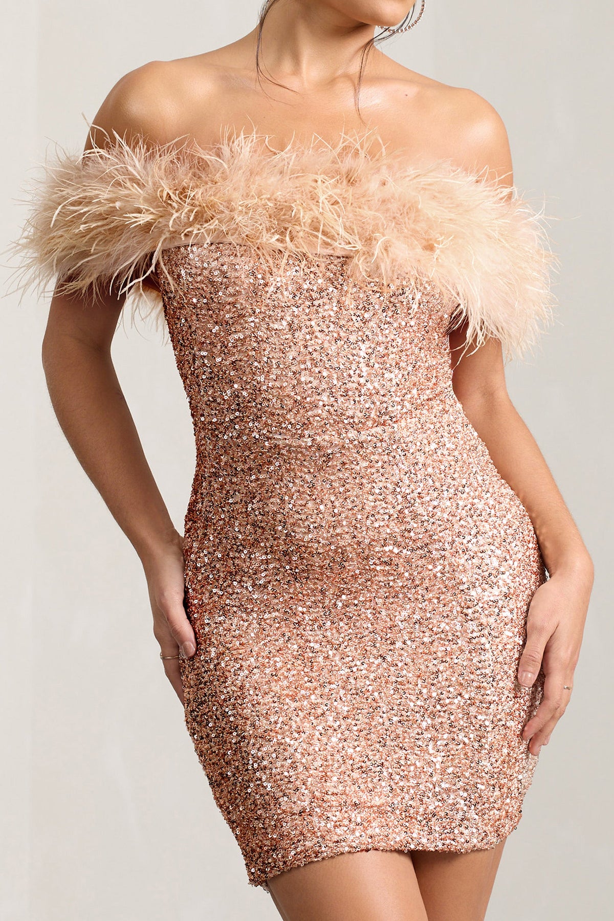 New Money Gold Bodycon Sequin Mini Dress With Feather Trim – Club L London  - USA