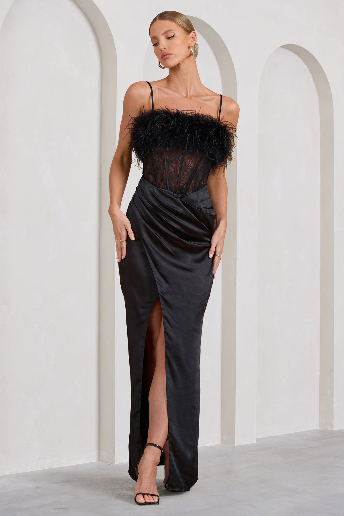 Countess Black Lace Corset Maxi Dress With Feather Trim – Club L London -  USA