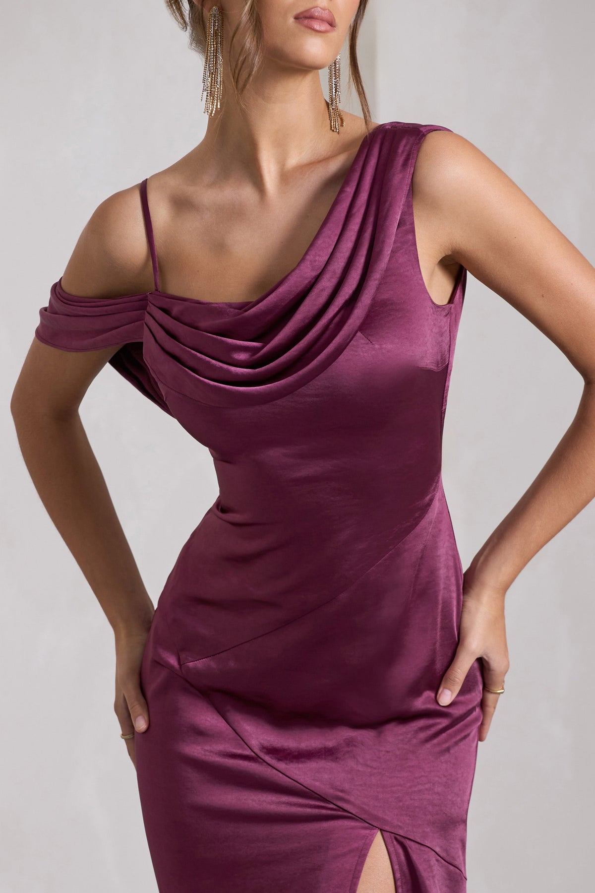 Burgundy Satin Cowl Neck Draped Maxi Dress