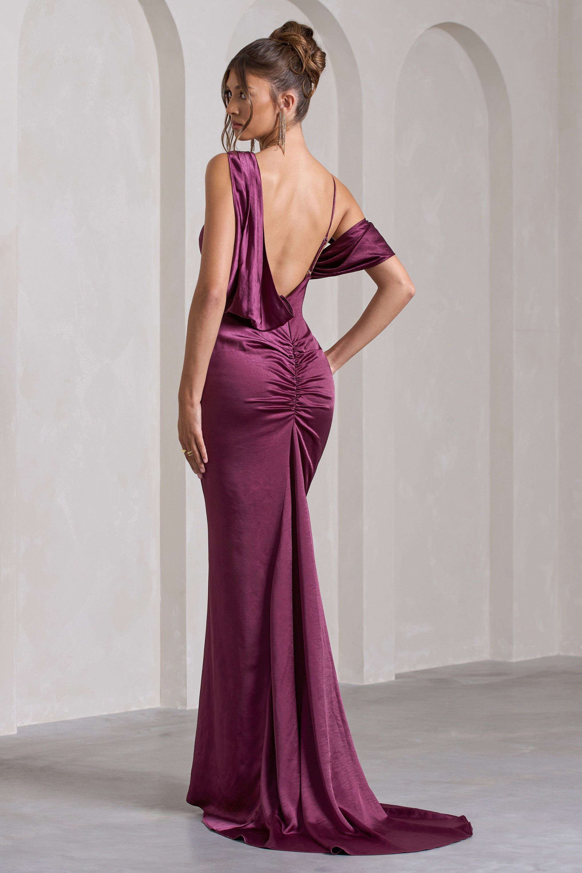 Jayne Plum Satin Asymmetric Draped Split Maxi Dress DRESS