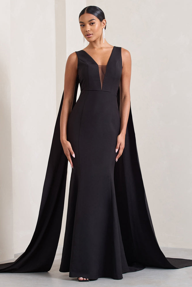 Rosaline Black Plunging Fishtail Maxi Dress With Cape – Club L