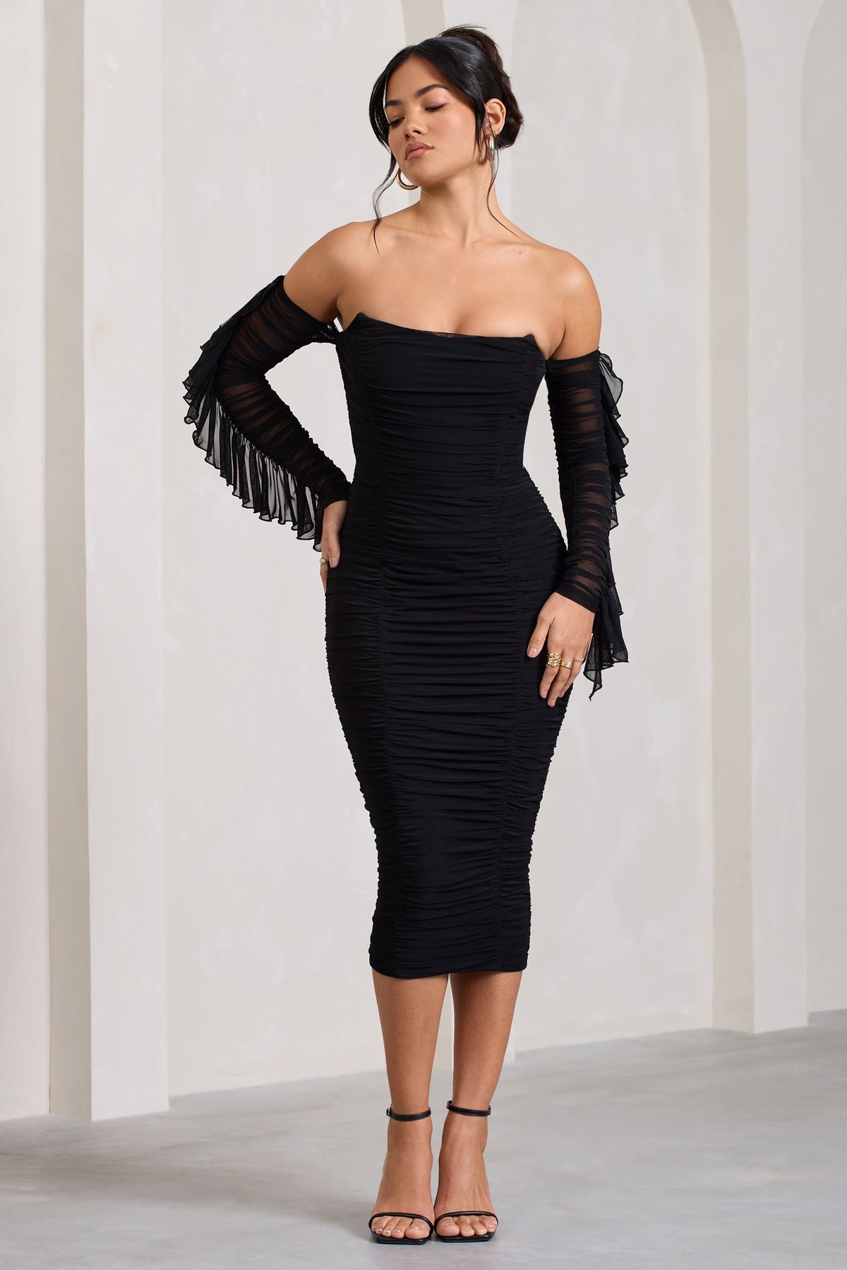 Favor | Black Ruched Mesh Bardot Midi Dress, US 2 / Black Favor | Black Ruched Mesh Bardot Midi Dress, US 2 / Black