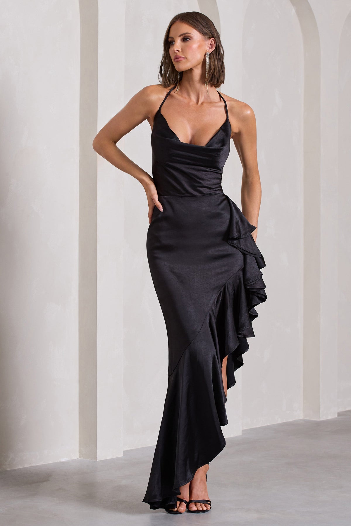 Lady Rosselini | Black Strappy Asymmetric Ruffled Maxi Dress