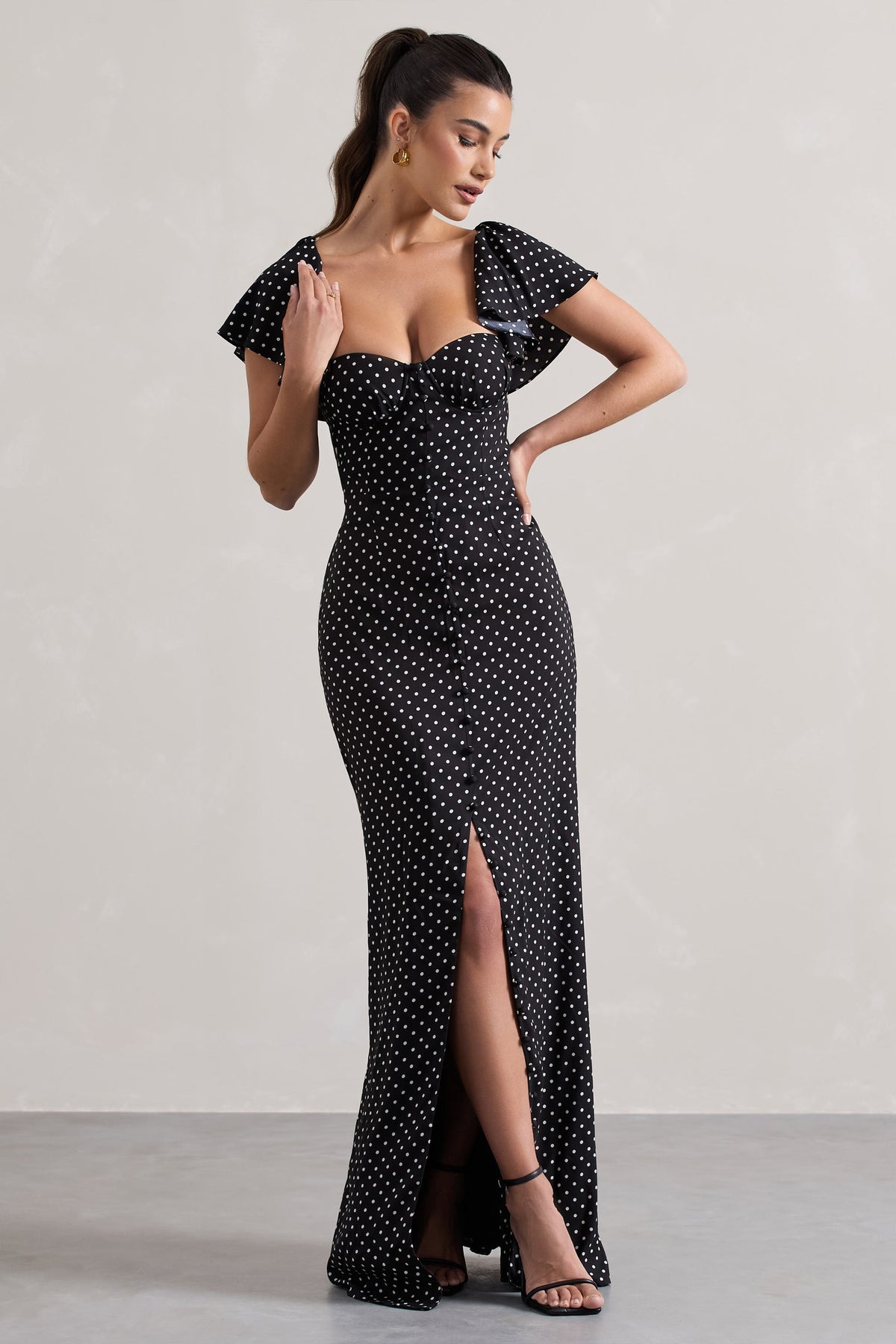 Signorina Black Polka Dot Buttoned Maxi Dress With Flounced Short Sl Club L London - USA Signorina Black Polka Dot Buttoned Maxi Dress With Flounced Short Sl Club L London - USA