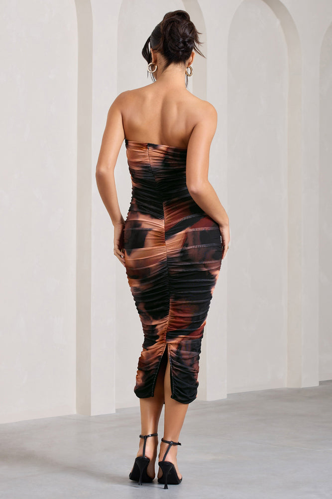 My Girl | Orange Smoke Print Strapless Bodycon Ruched Mesh Maxi Dress