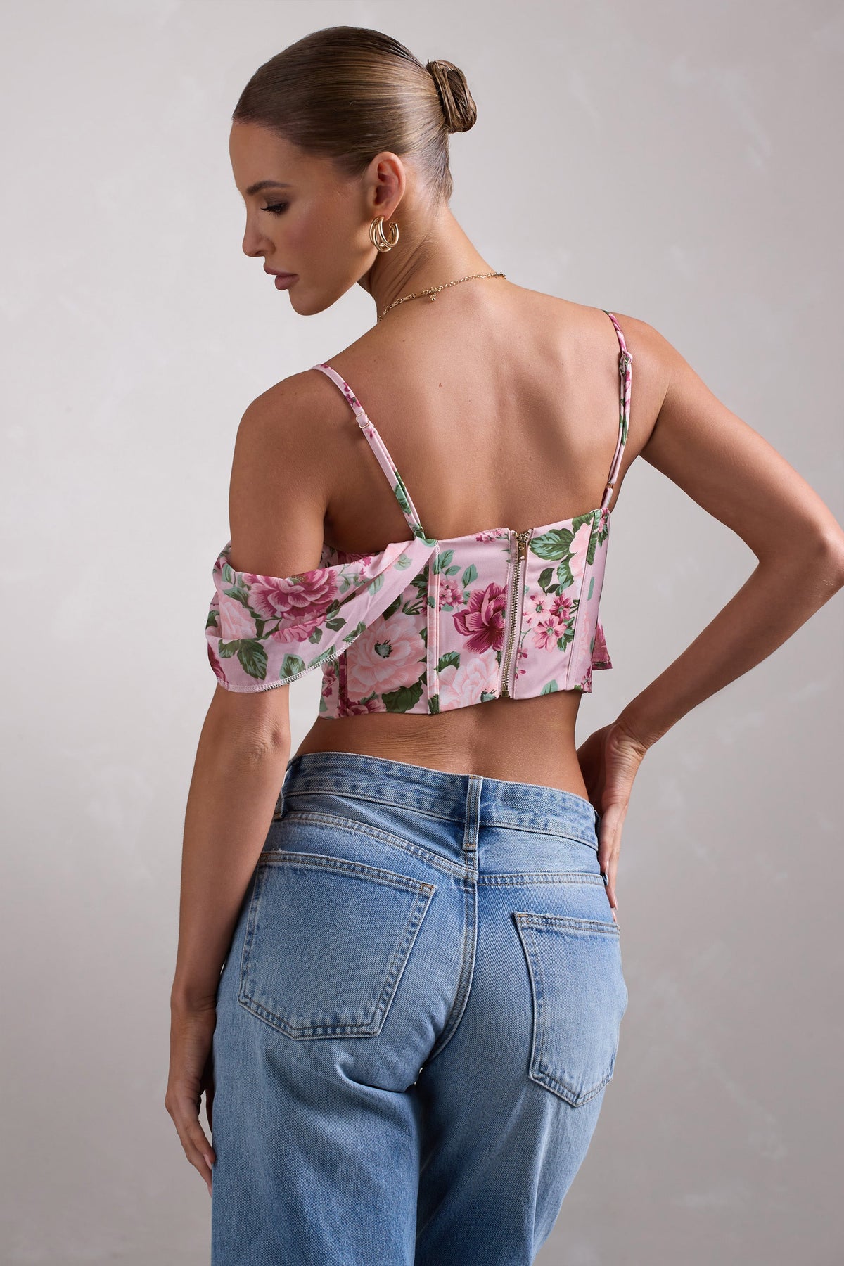 Lost In Your Love | Pink Floral Print Asymmetric Corset Top With Draped Chiffon Sleeve