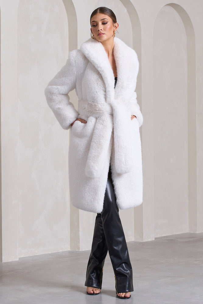 Slopeside Cream Long Belted Faux Fur Coat Club L London USA