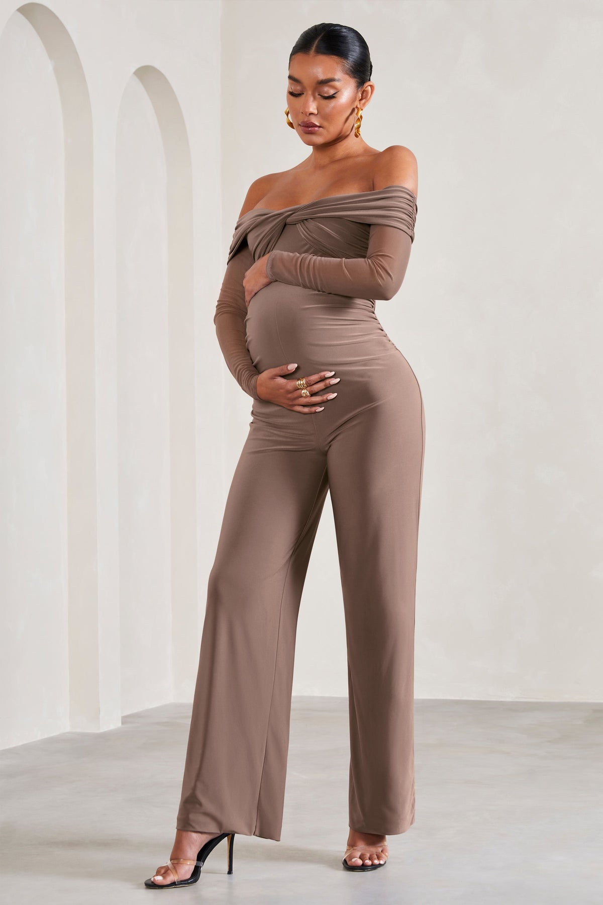 Count Down Powder Blue Maternity Ruched Mesh Bardot Jumpsuit