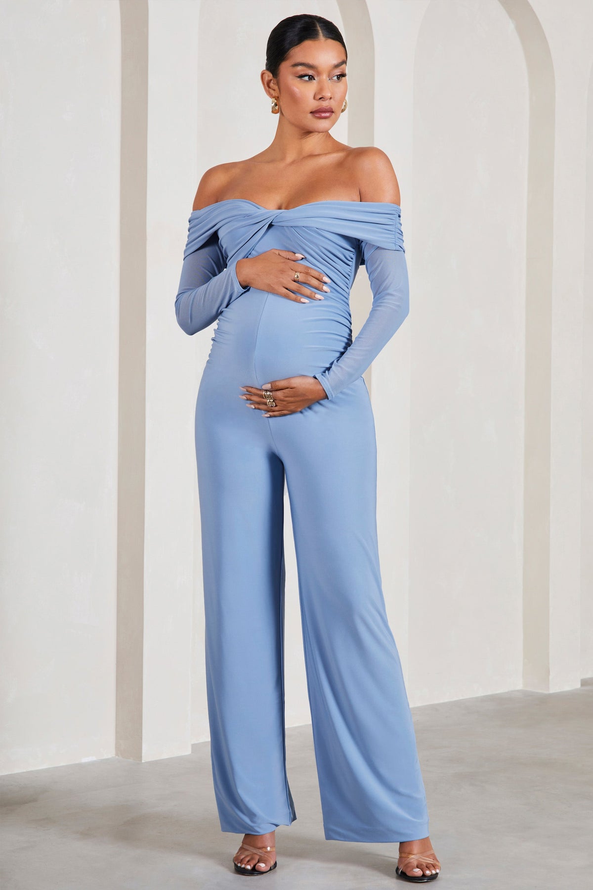 Count Down, Powder Blue Maternity Ruched Mesh Bardot Jumpsuit