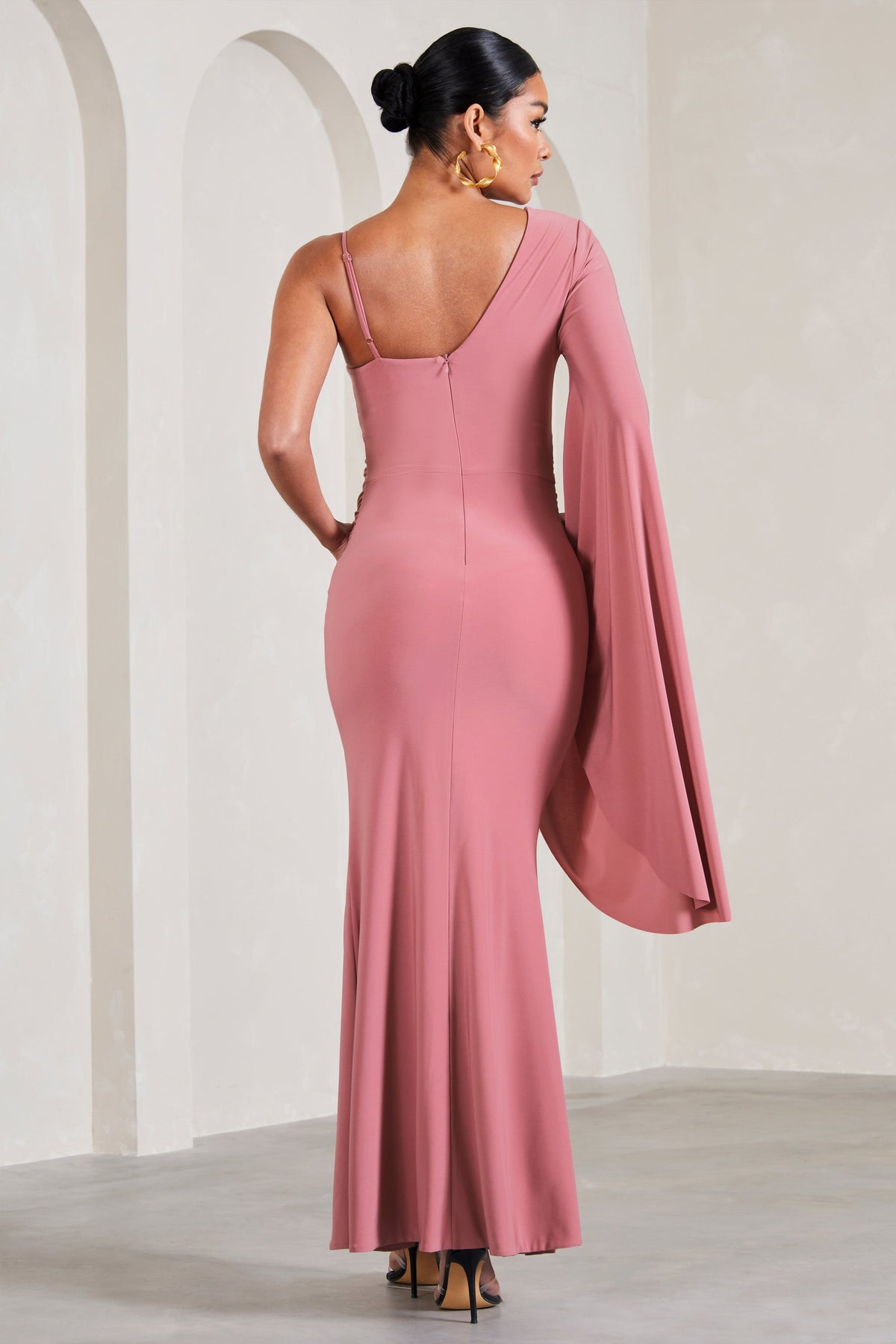 Rhea Blush Pink V-Neck Split Maternity Maxi Dress With Cape Sleeve ...