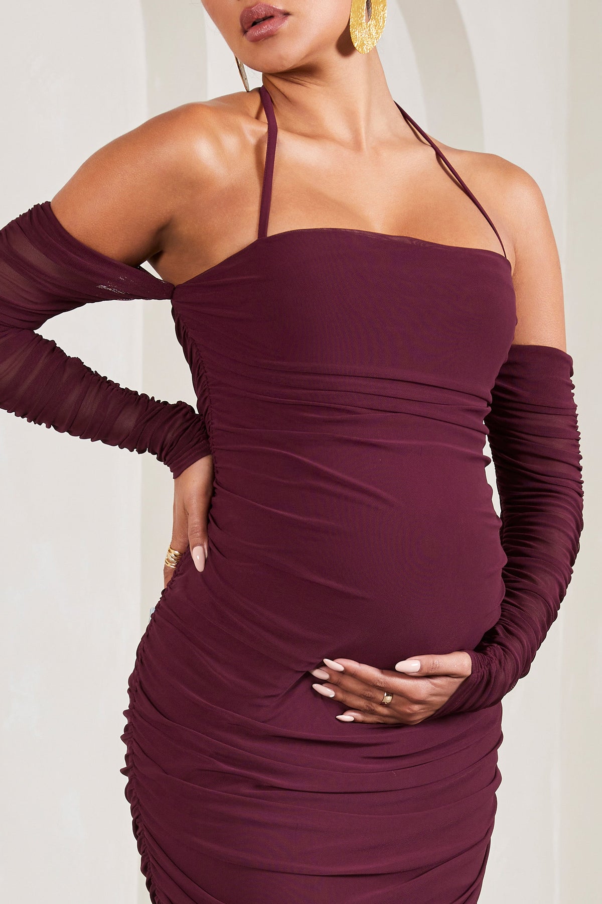 Pixie | Burgundy Ruched Long-Sleeved Halter-Neck Maternity Midi Dress