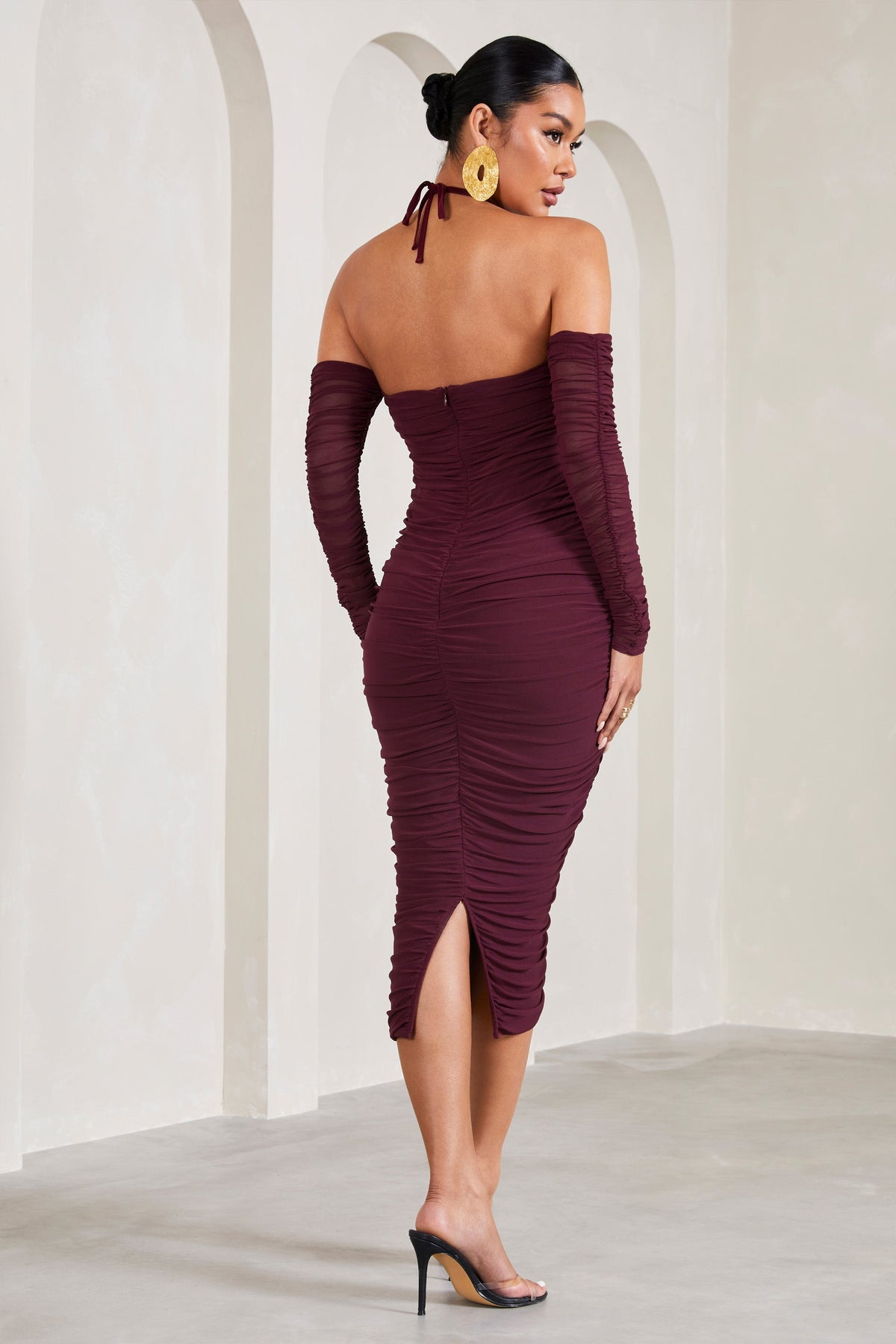 Pixie | Burgundy Ruched Long-Sleeved Halter-Neck Maternity Midi Dress