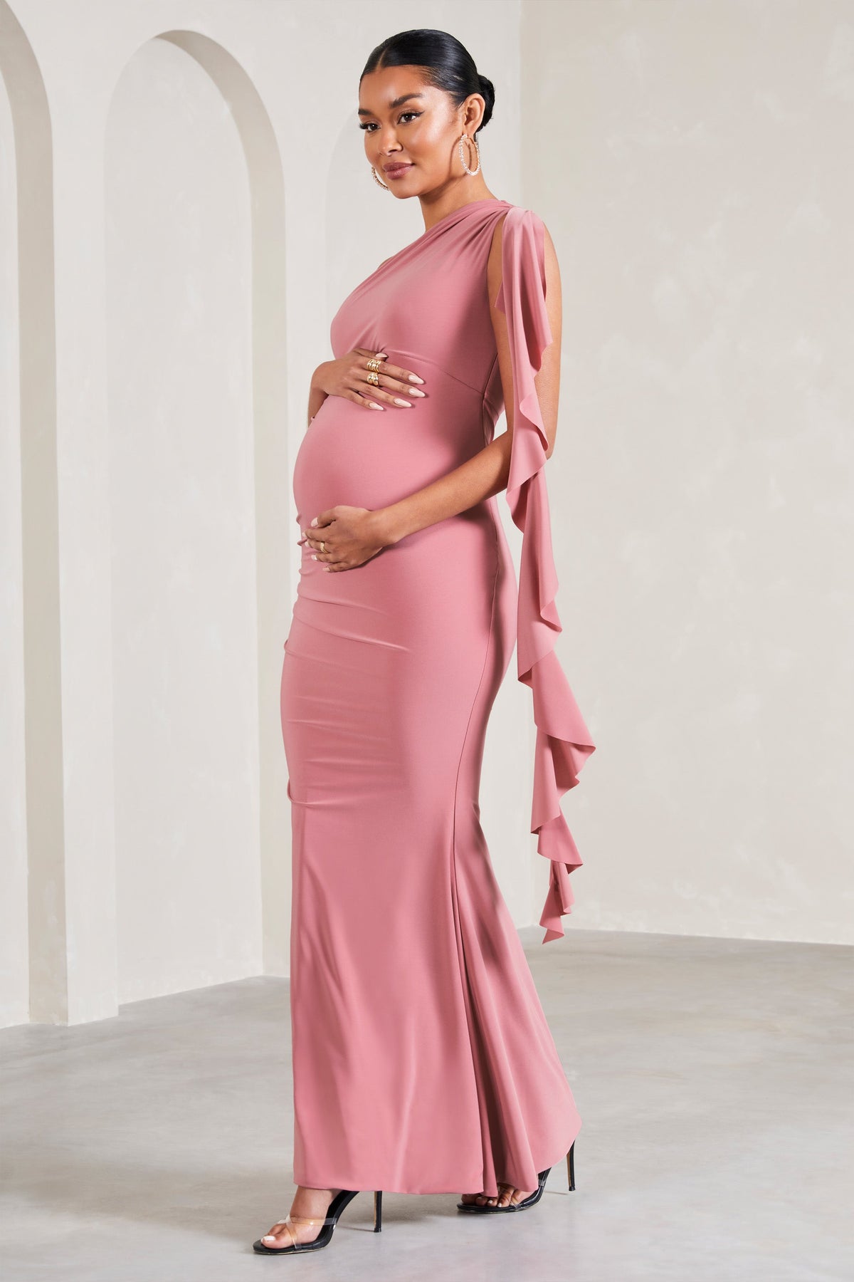 Rosalie Blush Pink One-Shoulder Maternity Maxi Dress With Ruffles – Club L  London - USA