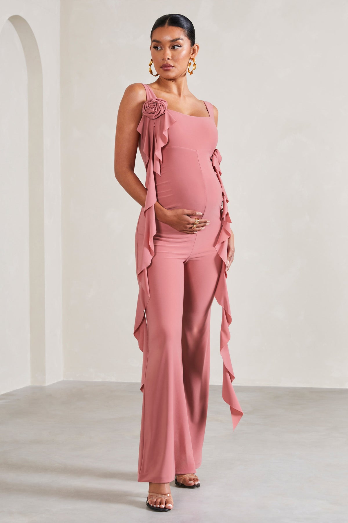 WB CL129580081 MagnoliaBlushPinkSquare NeckFlared legMaternityJumpsuitWithFlowers0 4