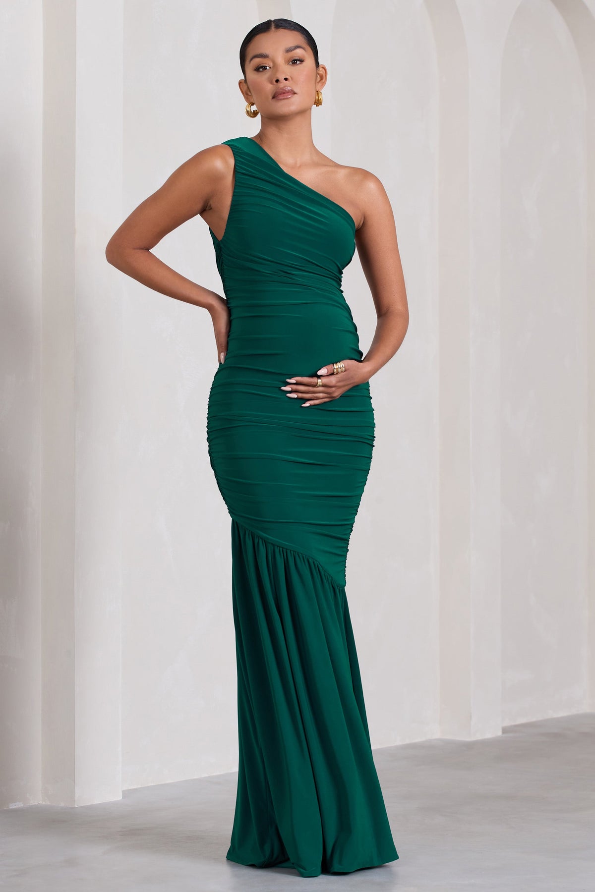 Make My Day Bottle Green One-Shoulder Ruched Split Maternity Maxi