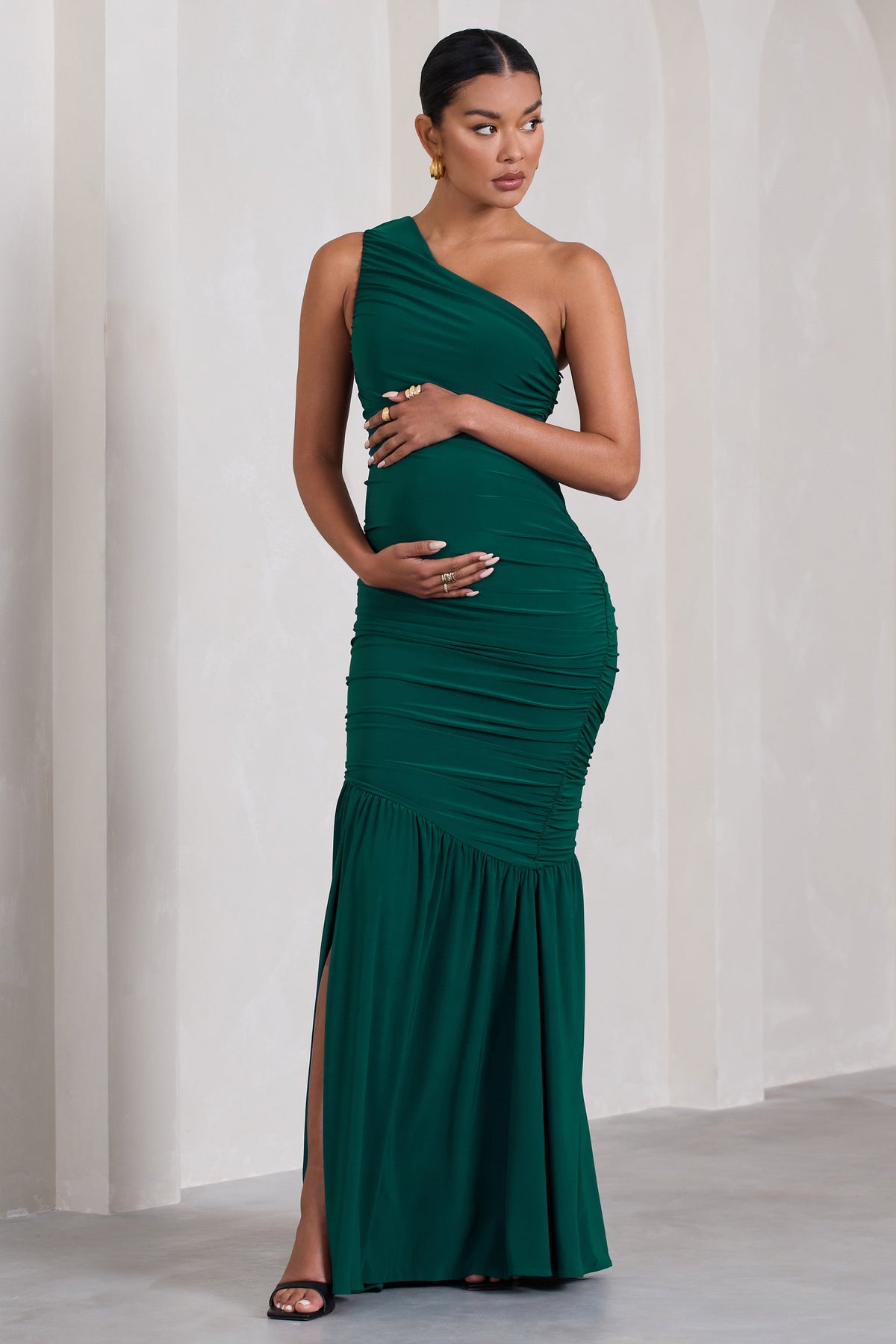 Make My Day Bottle Green One-Shoulder Ruched Split Maternity Maxi