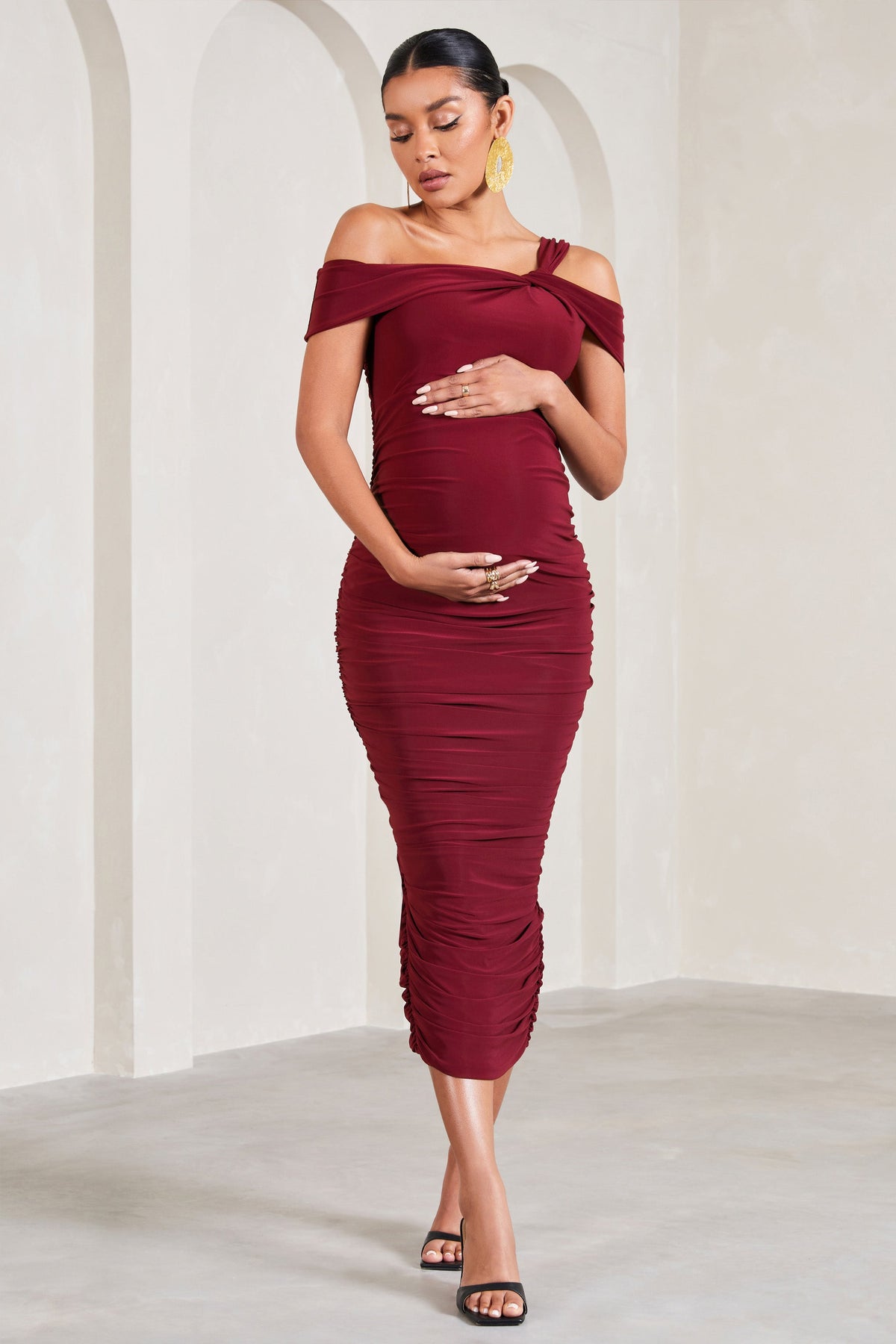 Theodora Berry Strappy Asymmetric Maternity Midi Dress – Club L