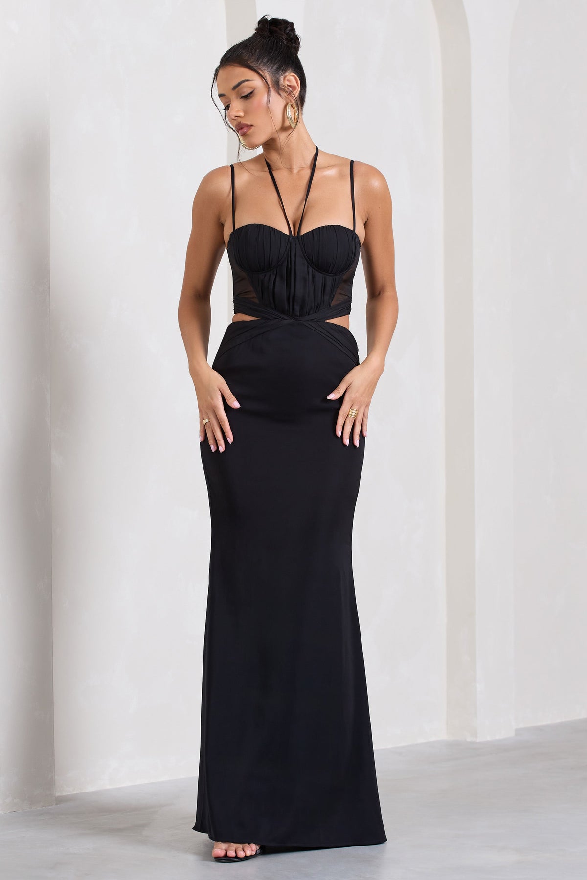 Stardom | Black Chiffon Strappy Sweetheart Cut-Out Maxi Dress