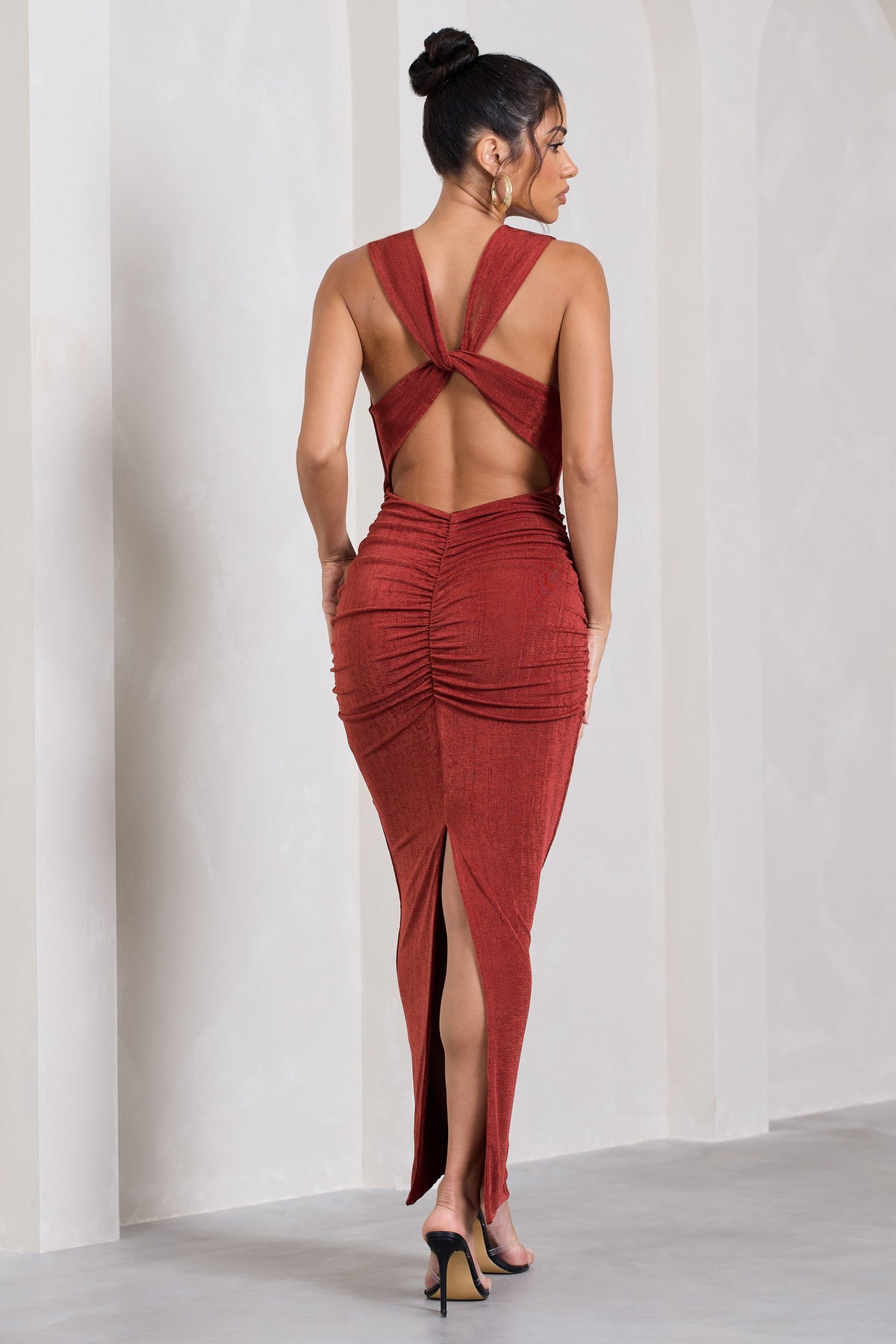Finely Formed Rust Red Ruched Cowl-Neck Bodycon Maxi Dress – Club