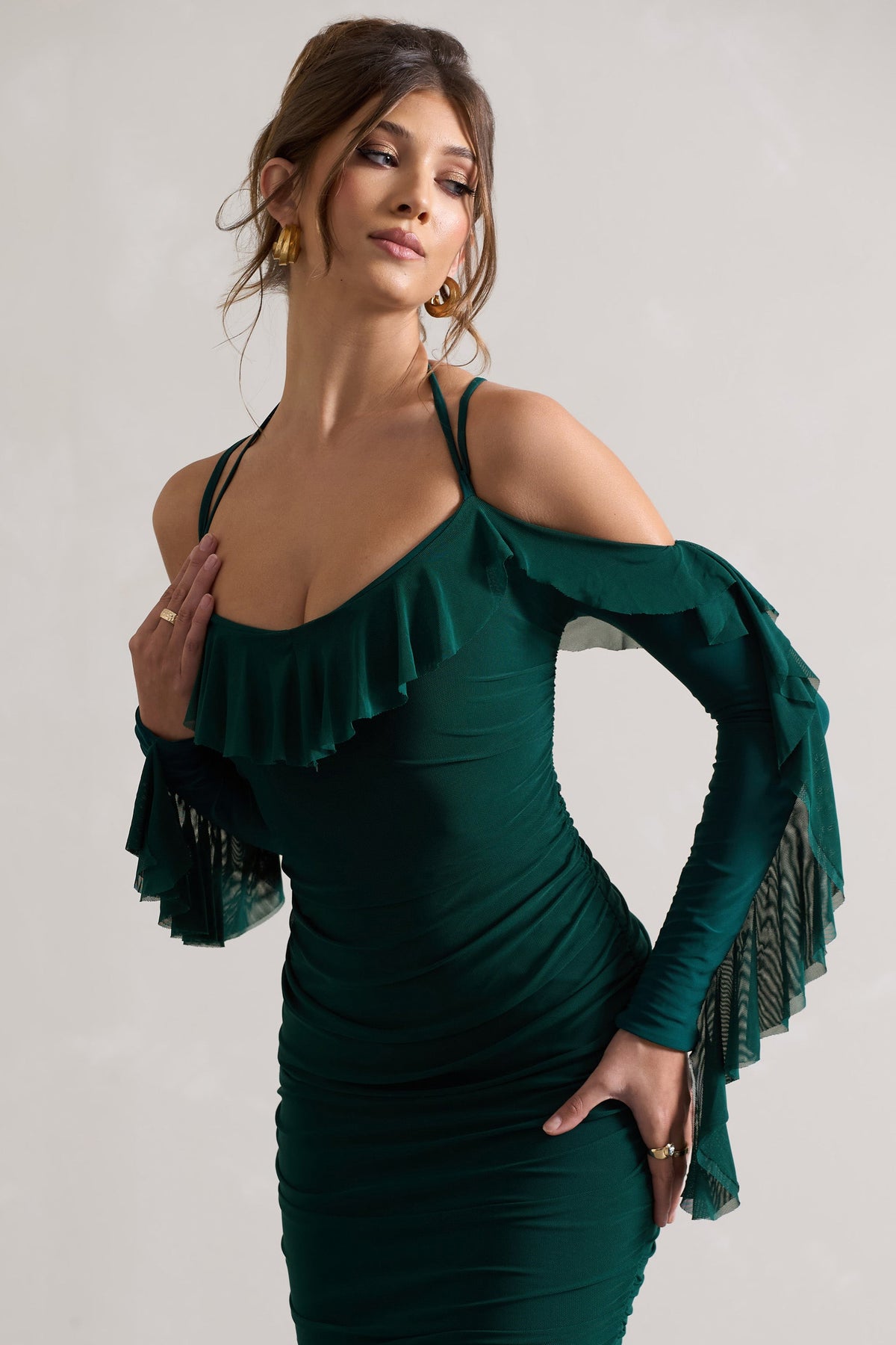 Quinn | Bottle Green Ruched Strappy Long-Sleeved Midi Dress With Ruffles