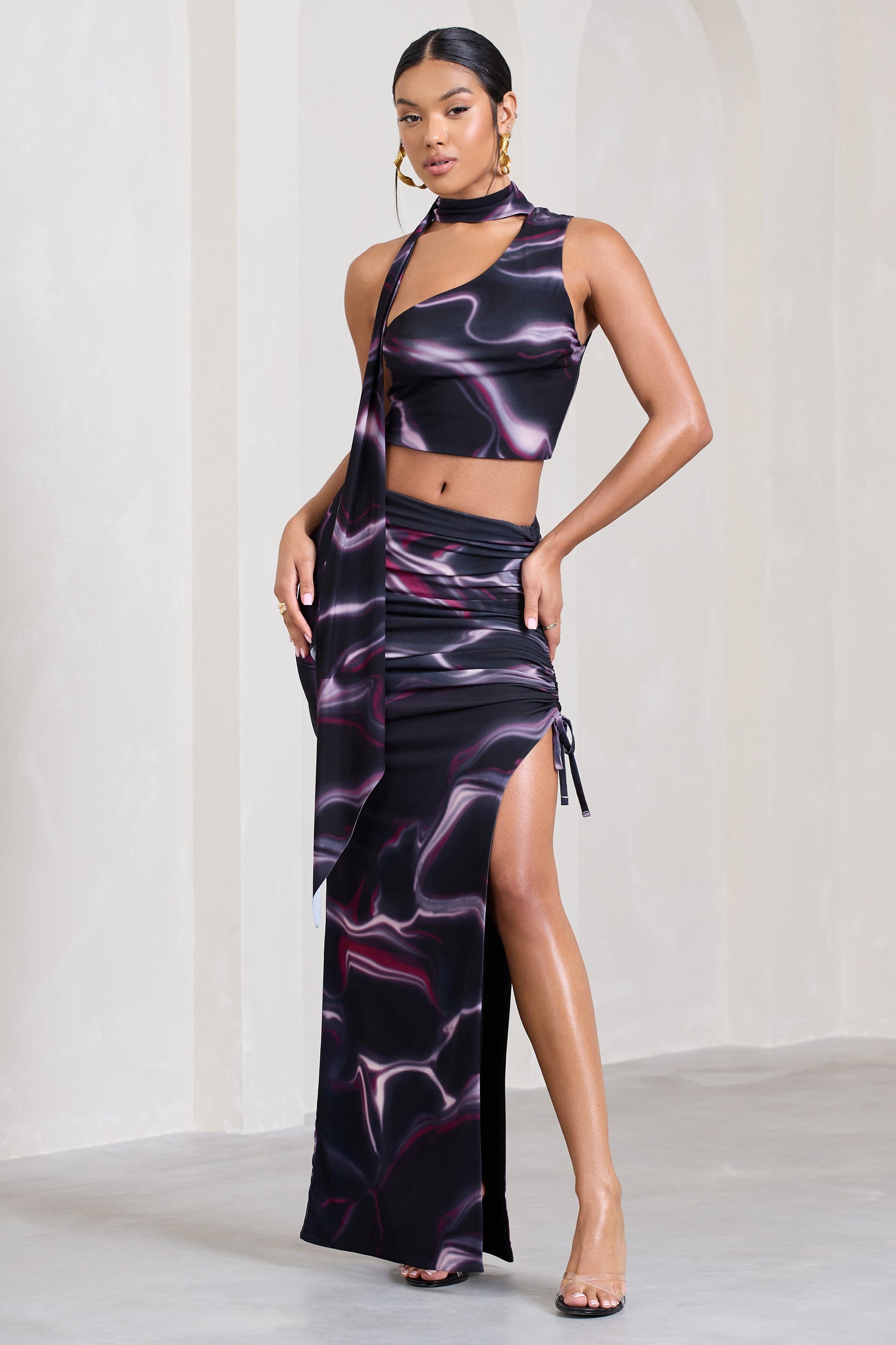 In The Air | Black Printed Ruched Asymmetric High-Waisted Maxi Skirt - Club L London - USA