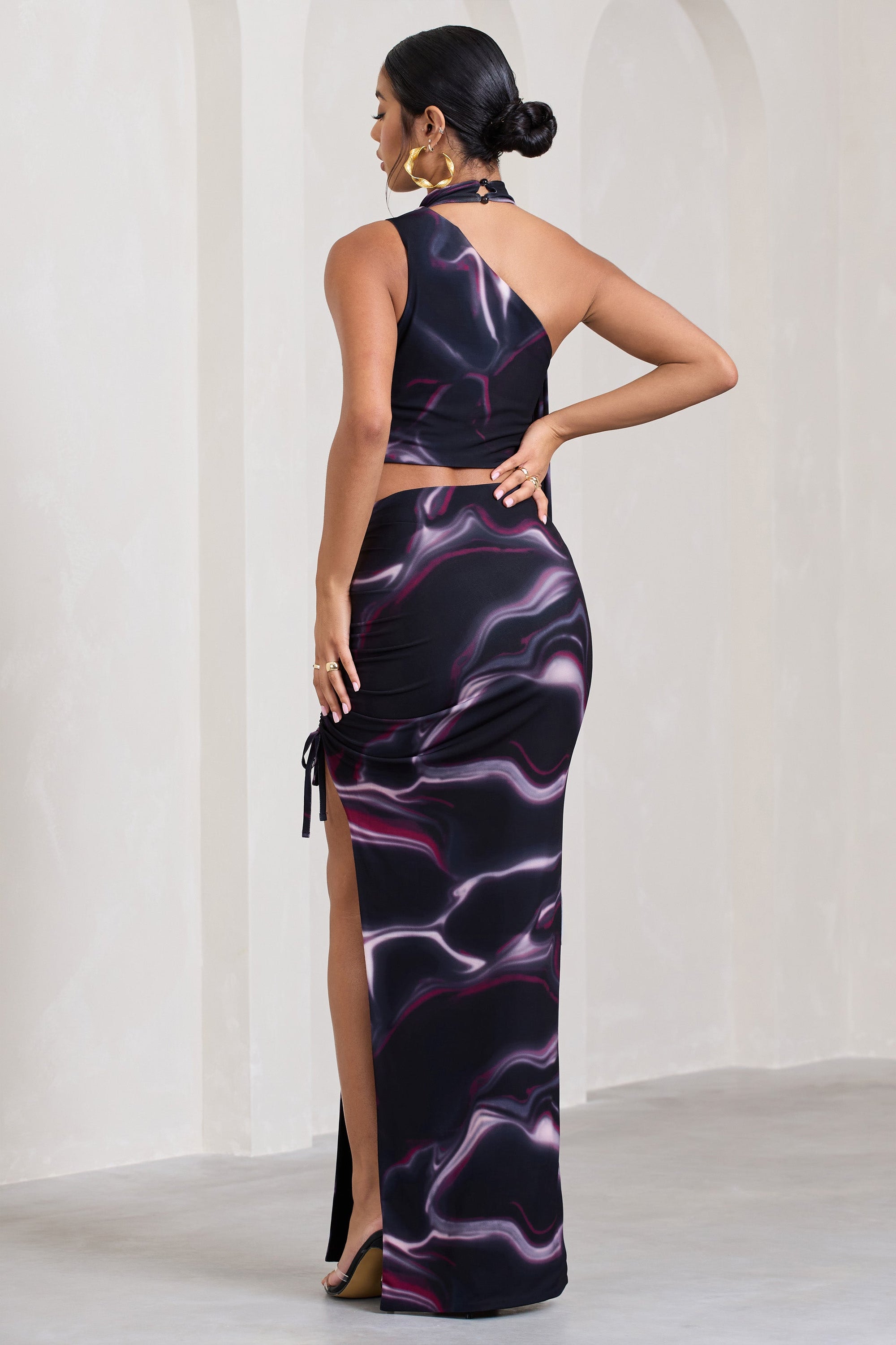 In The Air | Black Printed Ruched Asymmetric High-Waisted Maxi Skirt - Club L London - USA