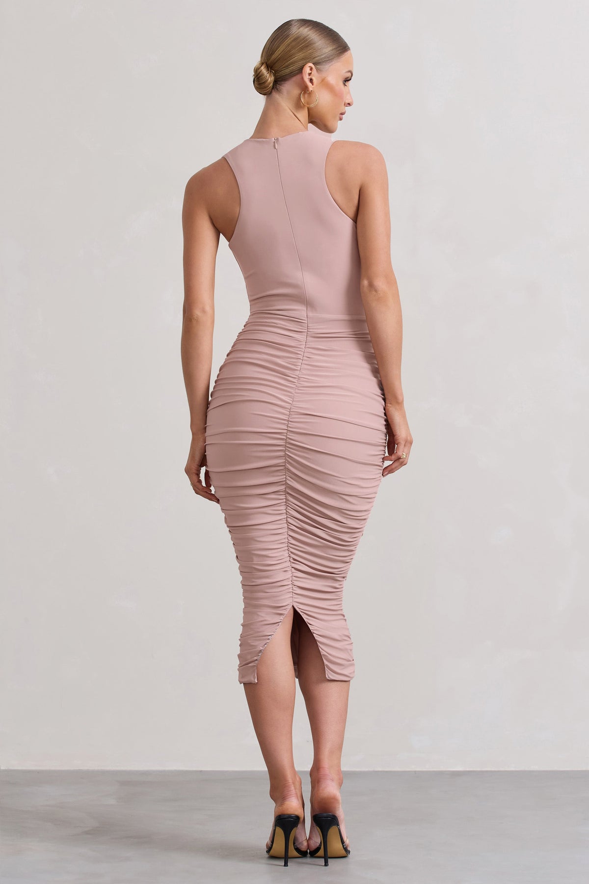 Antonia | Champagne Sleeveless Ruched Bodycon Midi Dress