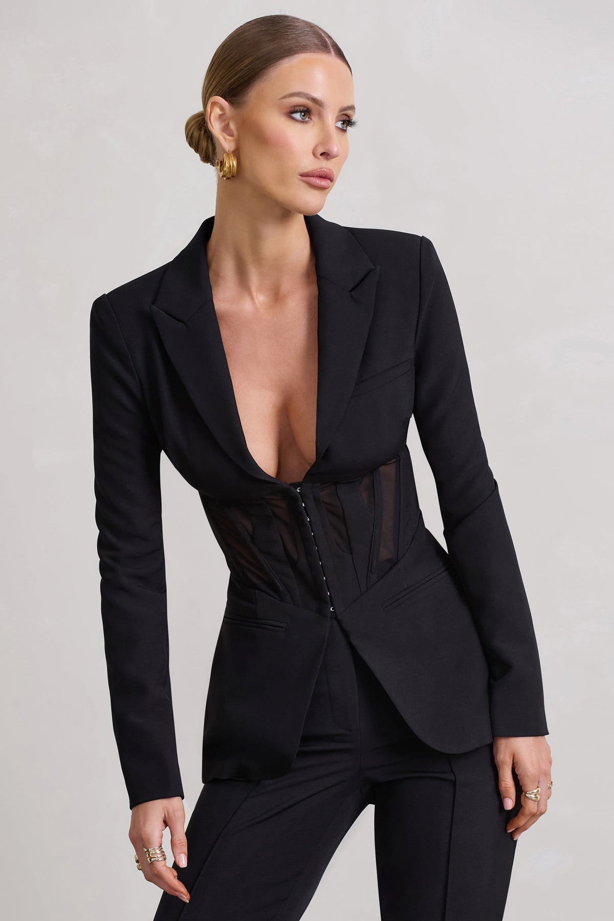Club L tailored corset mesh blazer in black
