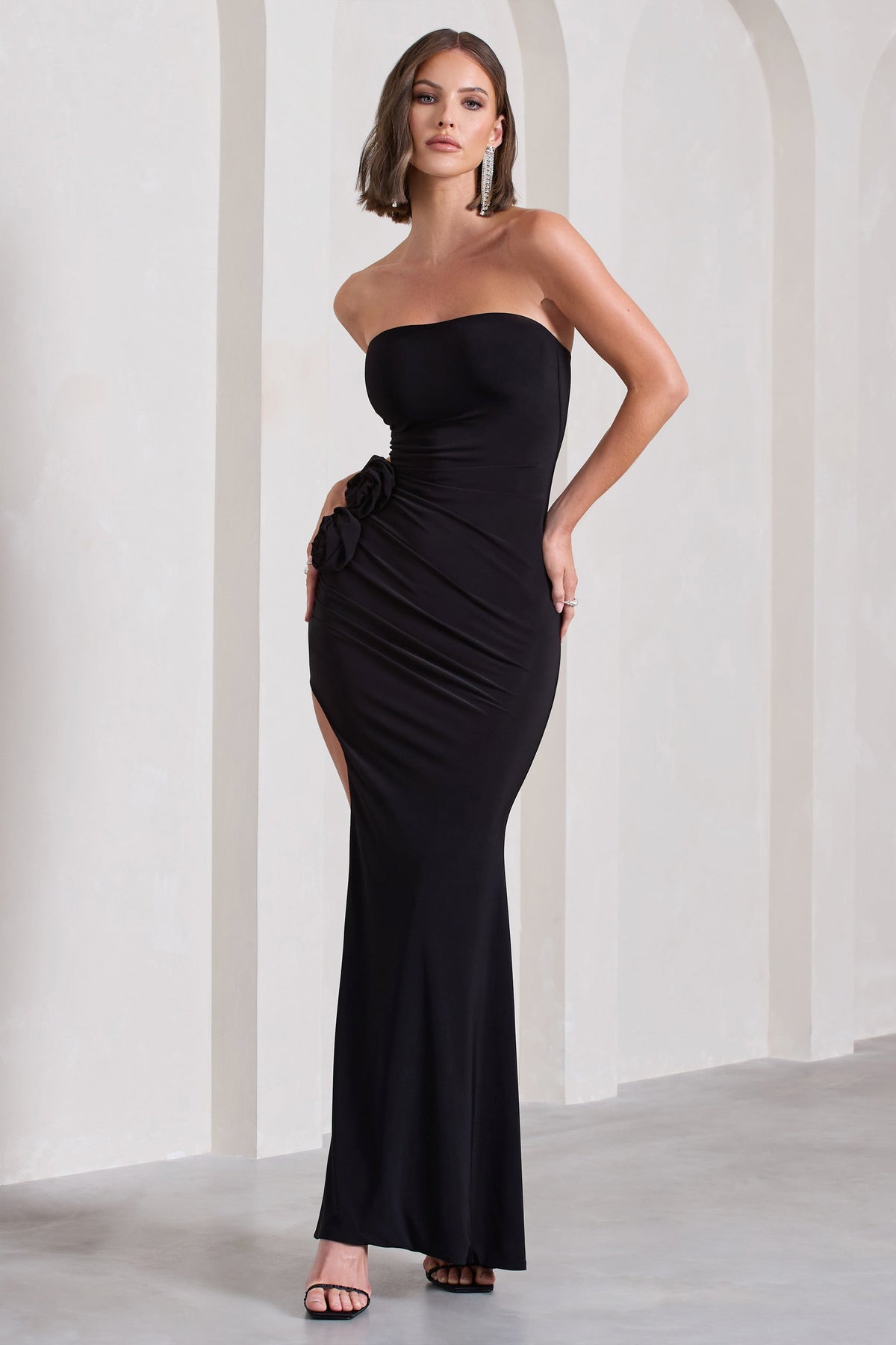 My Muse | Black Ruched Bandeau Split Maxi Dress With Flowers