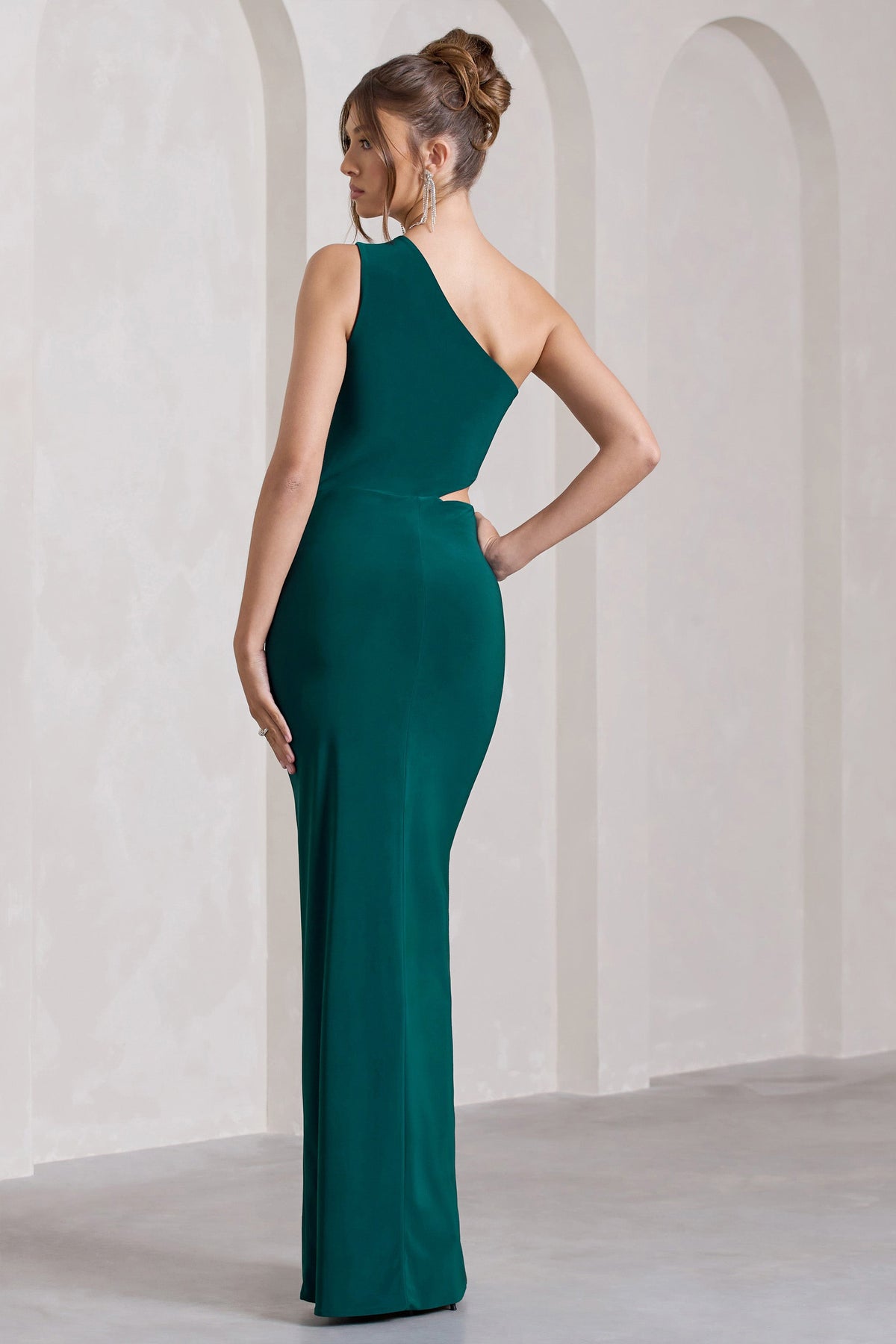 Emmy | Bottle Green One Shoulder Cut-Out Split Maxi Dress