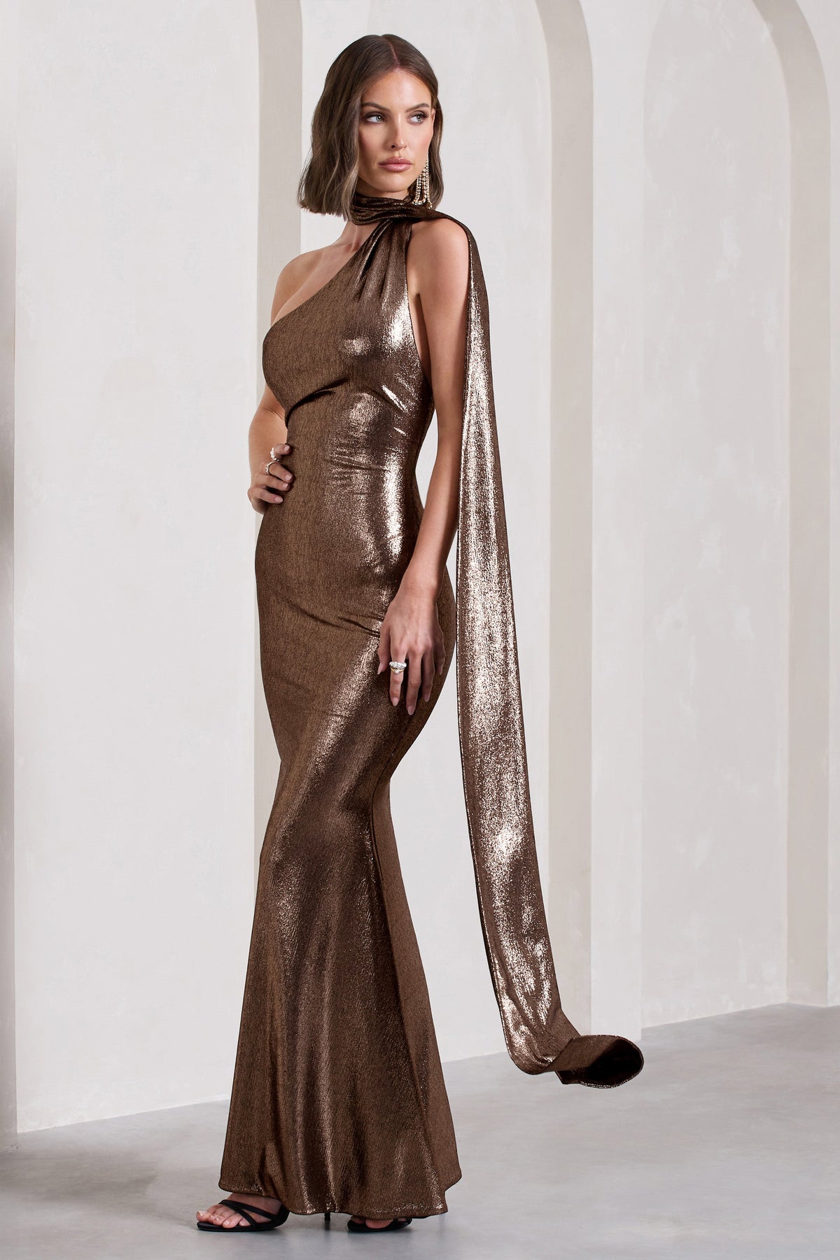 Strike Gold Bronze Metallic One Shoulder Low-Back Maxi Dress With Sc – Club  L London - USA