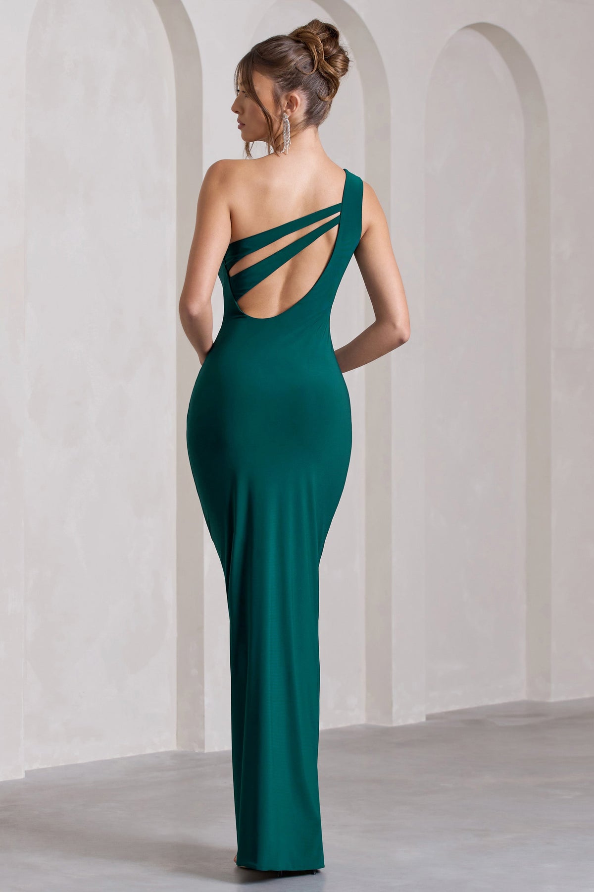 Coralina Bottle Green Asymmetric Open-Back Split Maxi Dress – Club L ...