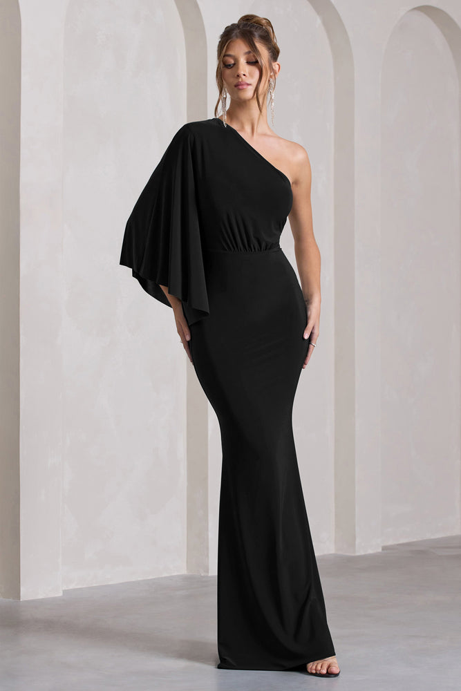 Luciana Black One Shoulder Drape Sleeve Maxi Dress Club L London USA