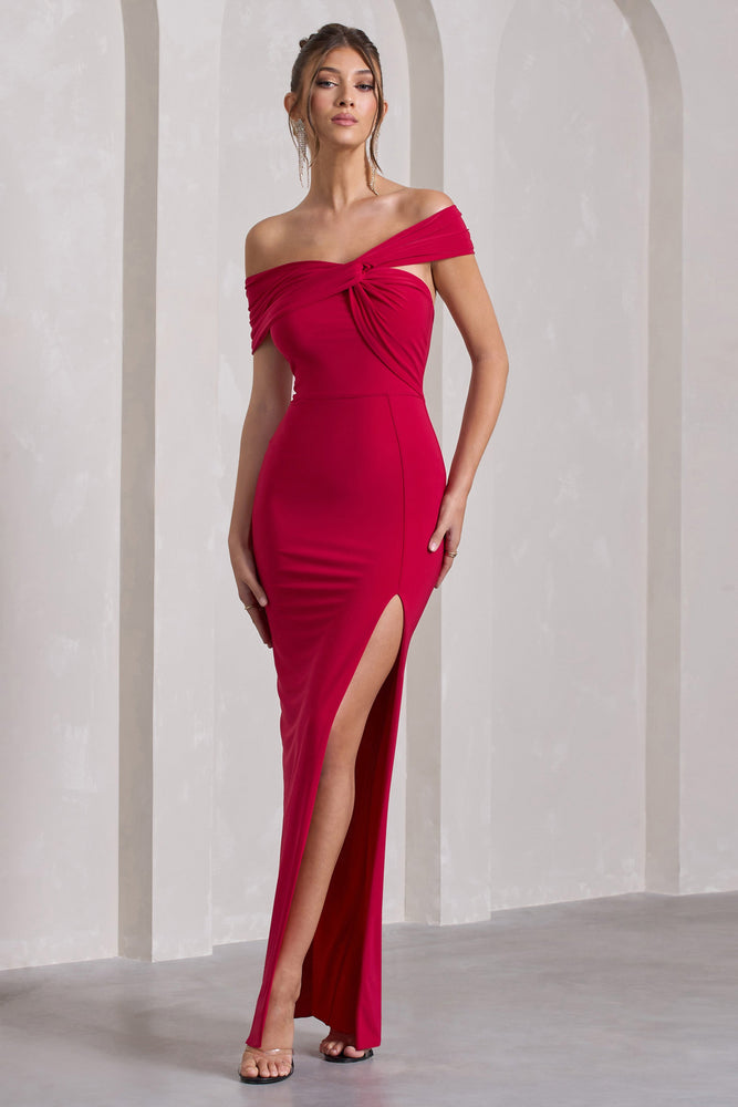 Kara Red Asymmetric Twisted Bardot Split Maxi Dress – Club L London - USA | T-Shirts