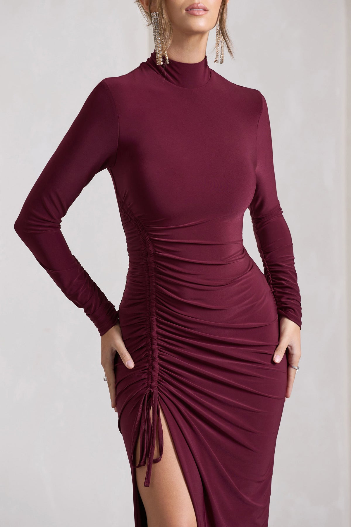 Lynn Burgundy Ruched High-Neck Split Maxi Dress – Club L London - USA