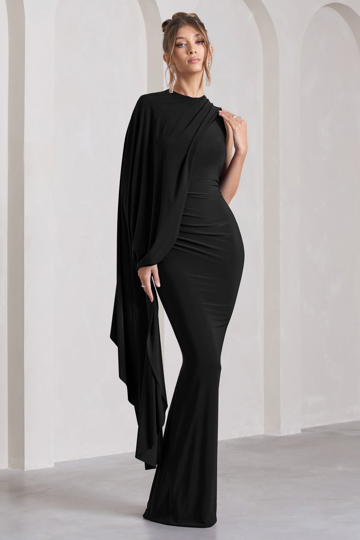 Unveil Black One-Sleeve Cape Maxi Dress – Club L London - USA