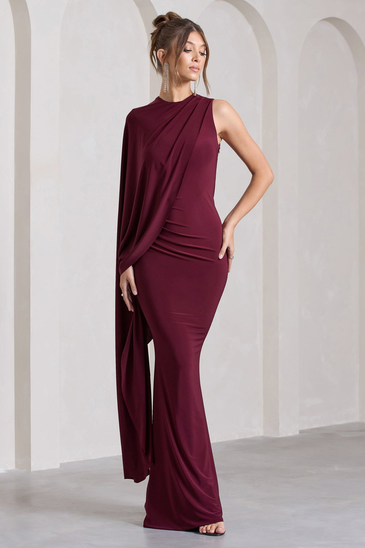 Unveil Burgundy One-Sleeve Cape Maxi Dress – Club L London 
