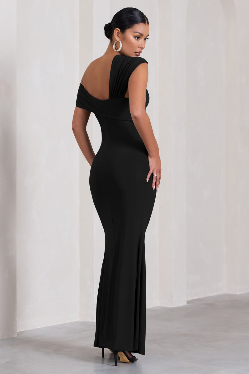 Kara Black Asymmetric Twisted Bardot Split Maternity Maxi Dress – Club ...