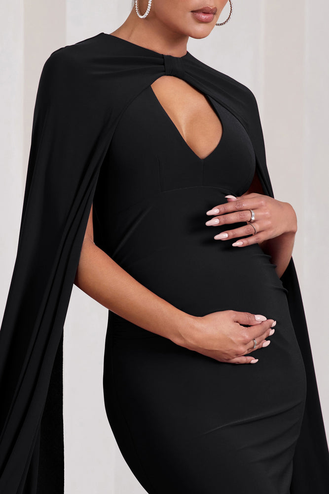 Standing Ovation | Black Plunge-Neck Cape Maternity Maxi Dress