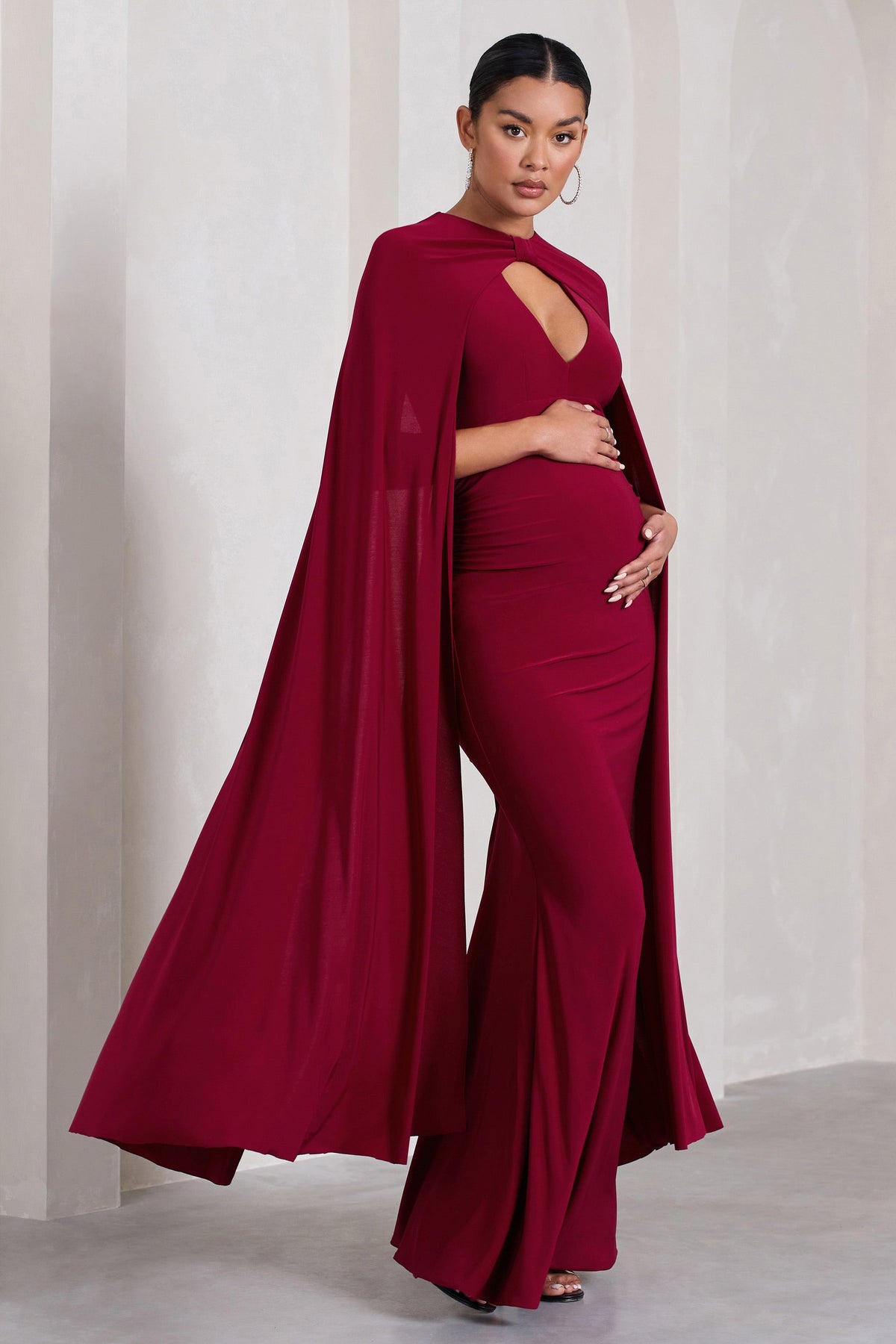 Capreze Ladies Maternity Maxi Dress Long Sleeve Pregnancy Kaftan Square  Neck Wine Red L 