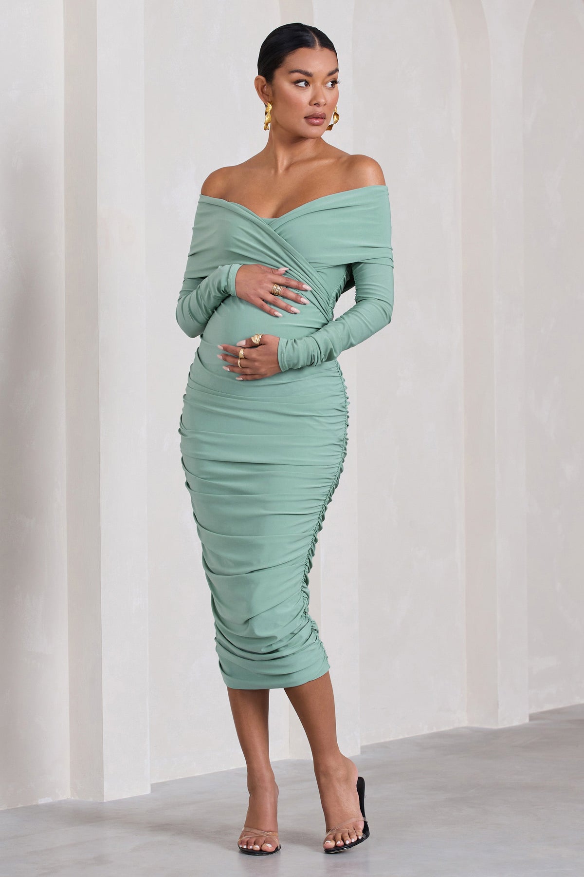 Olive Surplice Ruched Maternity Nursing Midi Dress – One Hott